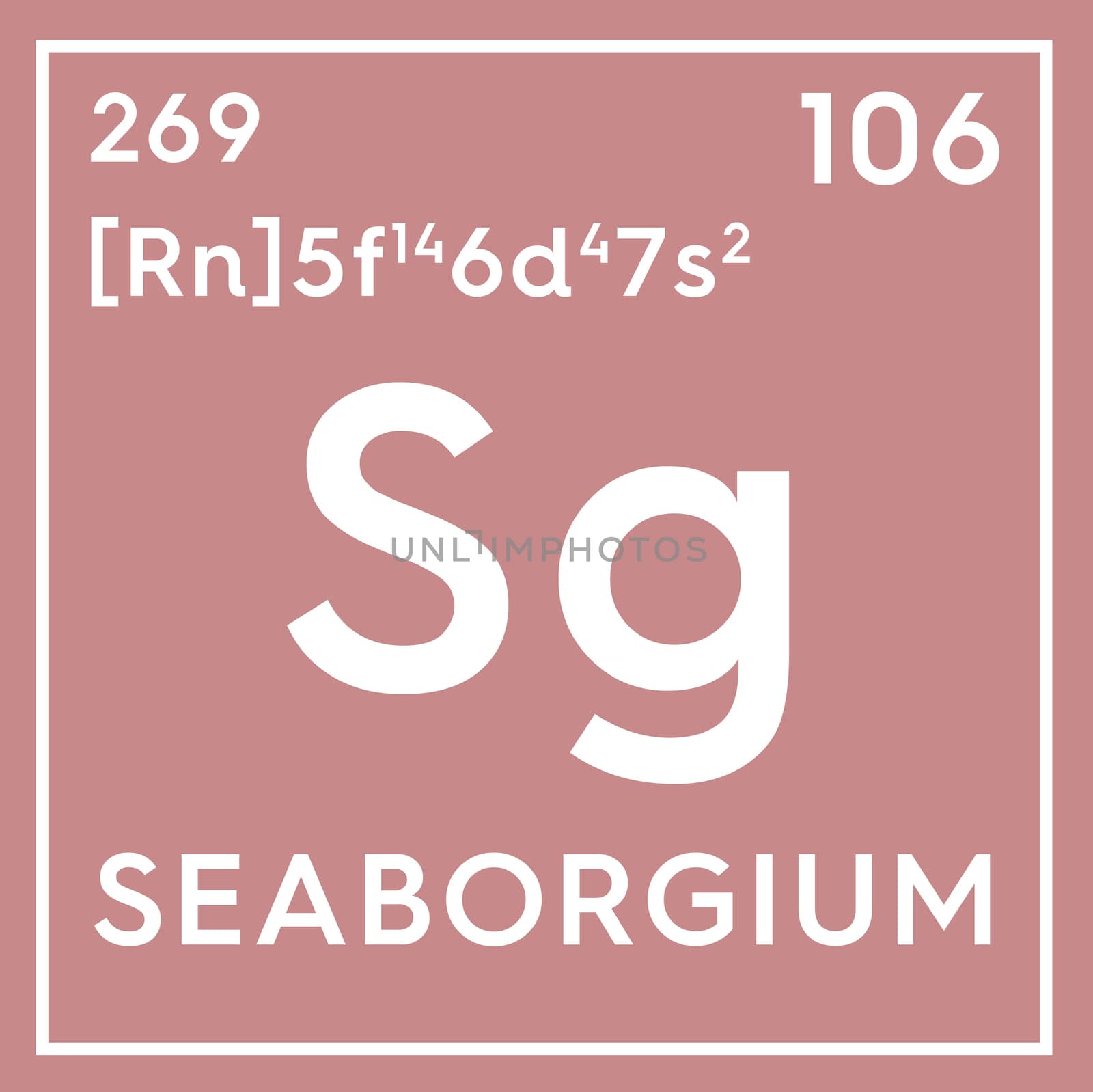 Seaborgium. Transition metals. Chemical Element of Mendeleev's Periodic Table. Seaborgium in square cube creative concept. 3D illustration.