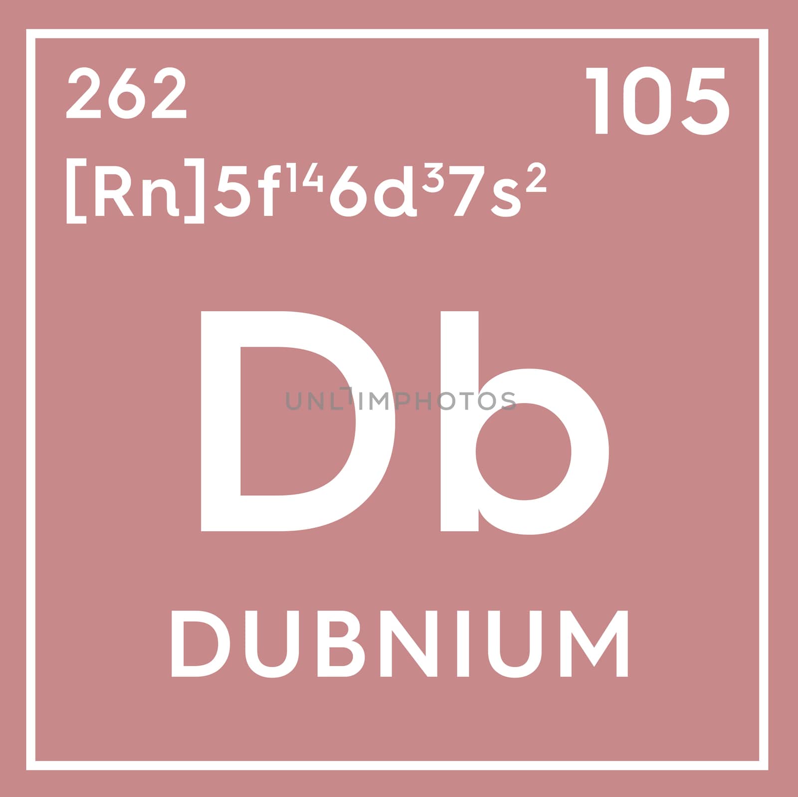 Dubnium. Transition metals. Chemical Element of Mendeleev's Periodic Table. Dubnium in square cube creative concept. 3D illustration.