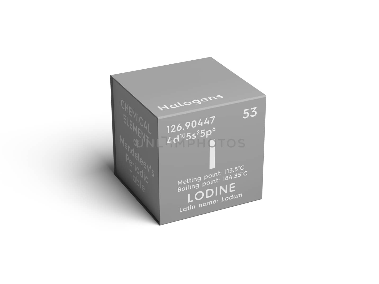 Lodine. Lodum. Halogens. Chemical Element of Mendeleev's Periodic Table. Lodine in square cube creative concept. 3D illustration.