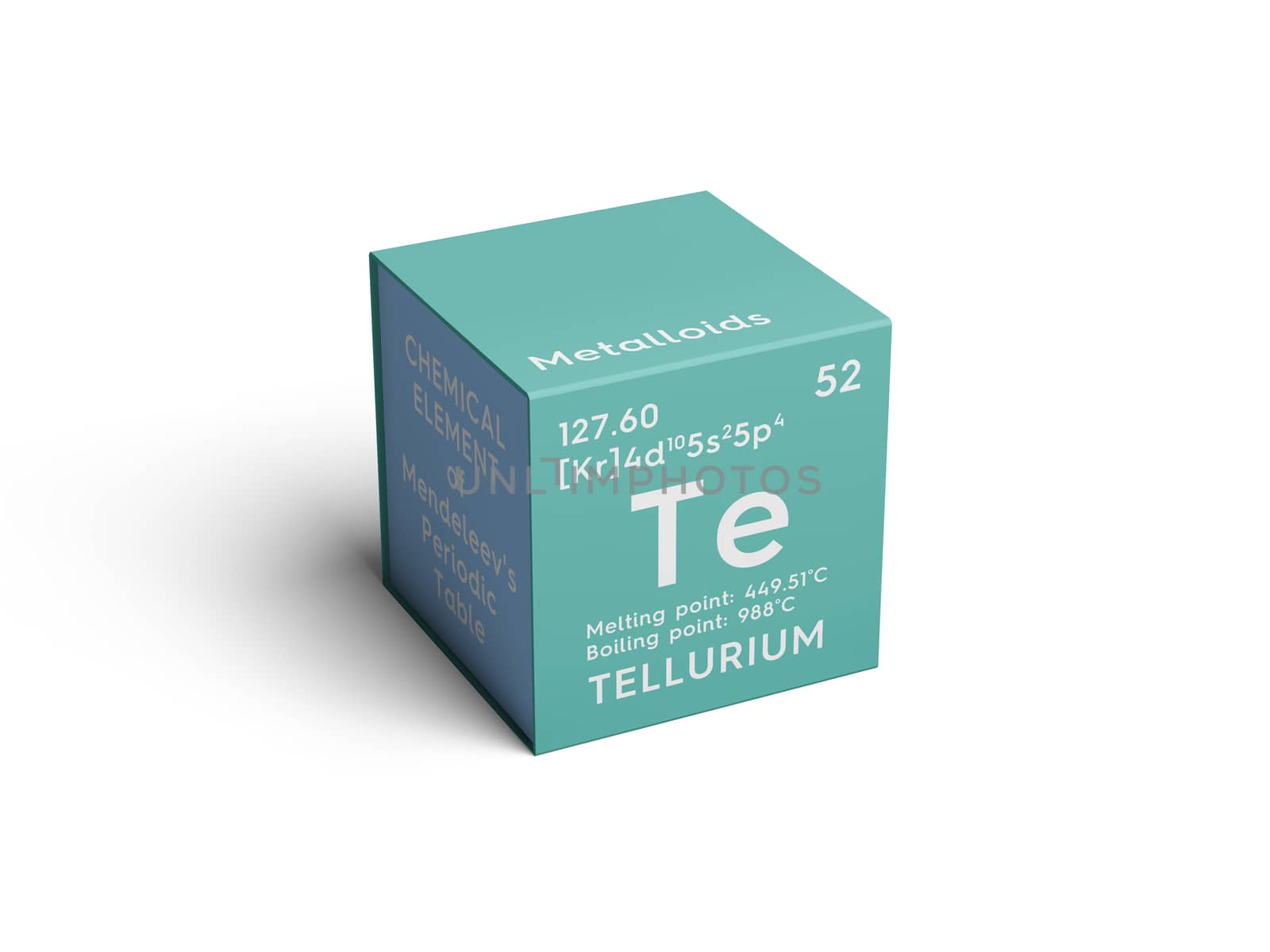 Tellurium. Metalloids. Chemical Element of Mendeleev's Periodic Table. Tellurium in square cube creative concept. 3D illustration.