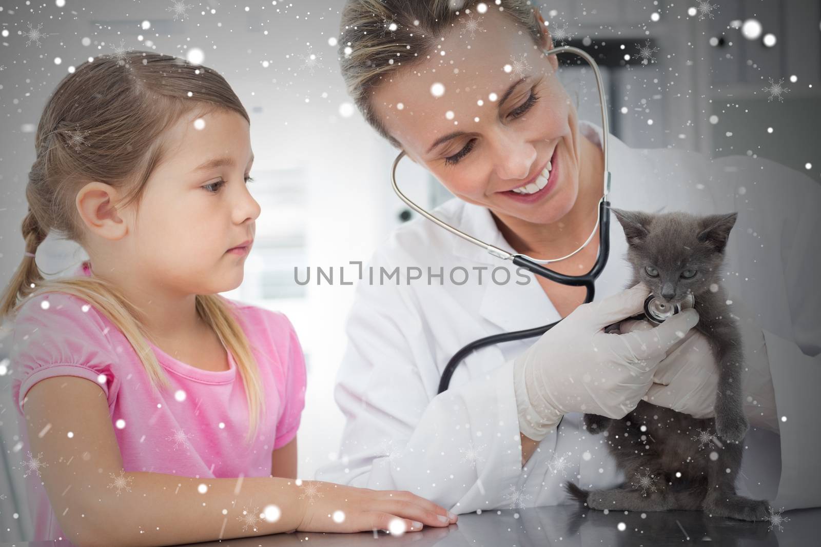 Composite image of female veterinarian examining kitten against snow