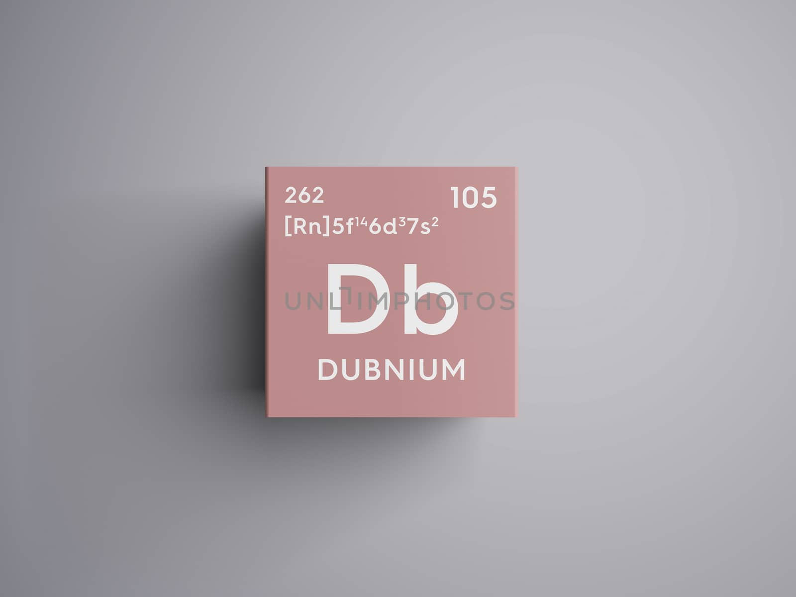 Dubnium. Transition metals. Chemical Element of Mendeleev's Periodic Table. Dubnium in square cube creative concept. 3D illustration.