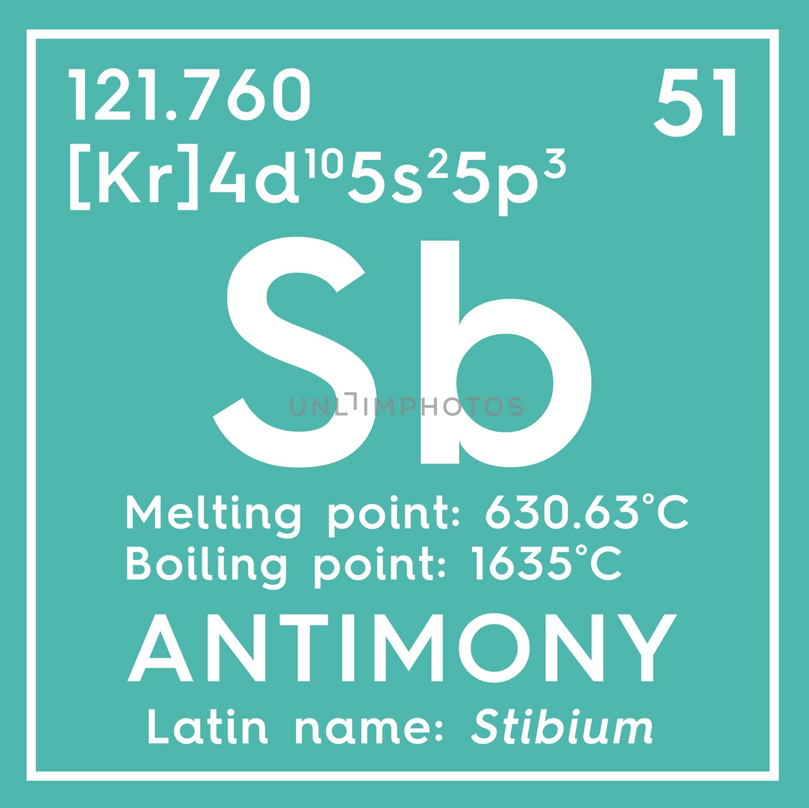 Antimony. Stibium. Metalloids. Chemical Element of Mendeleev's Periodic Table. Antimony in square cube creative concept. 3D illustration.