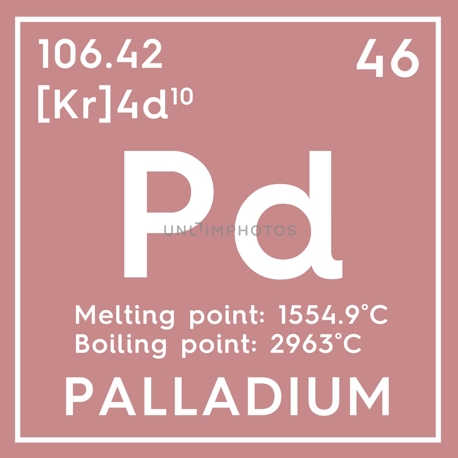 Palladium. Transition metals. Chemical Element of Mendeleev's Periodic Table. Palladium in square cube creative concept. 3D illustration.
