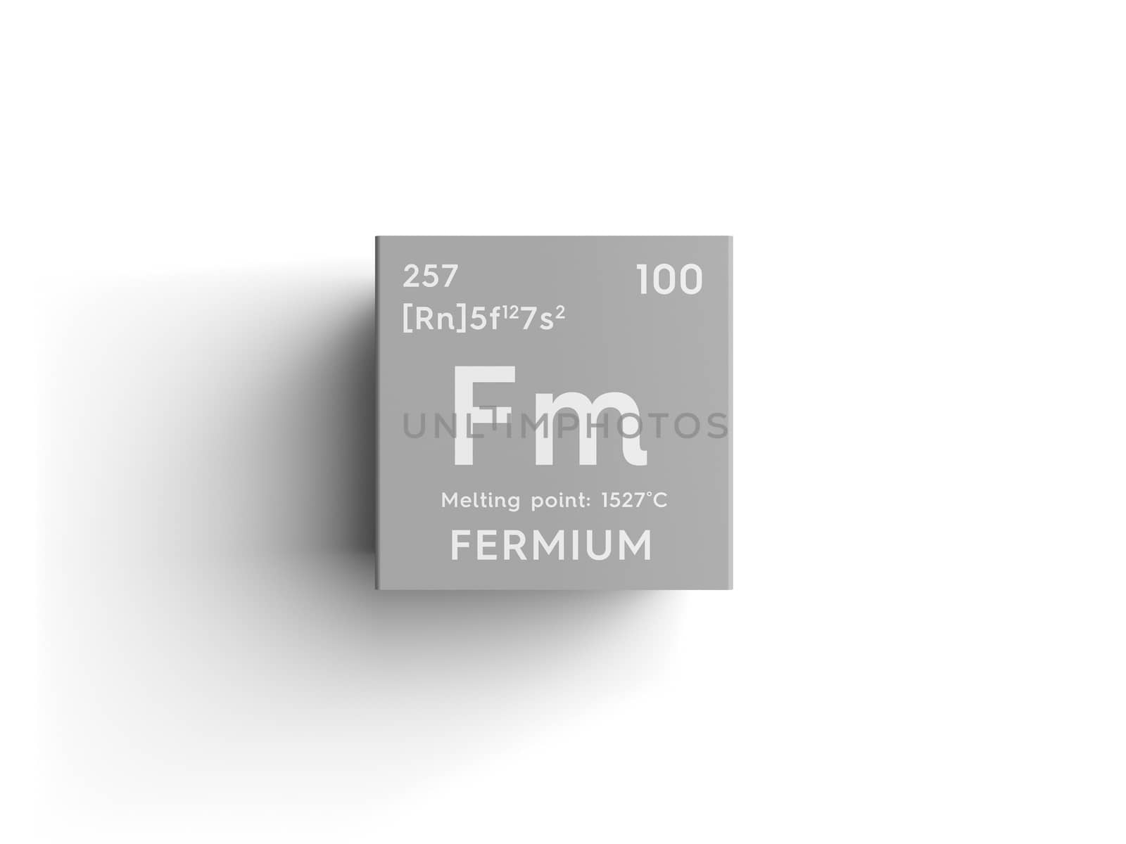 Fermium. Actinoids. Chemical Element of Mendeleev's Periodic Table. Fermium in square cube creative concept. 3D illustration.