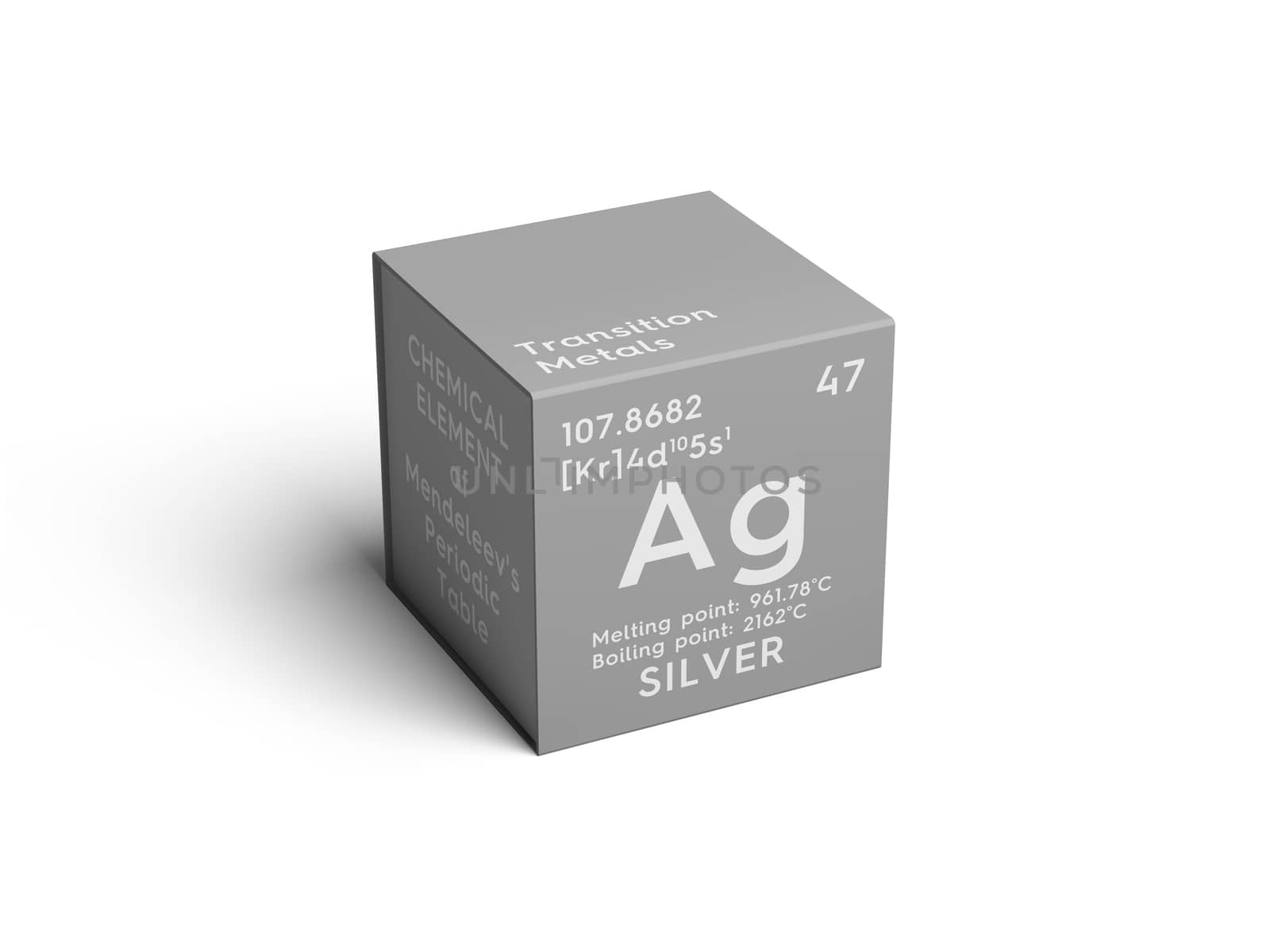 Silver. Transition metals. Chemical Element of Mendeleev's Periodic Table. Silver in square cube creative concept. 3D illustration.