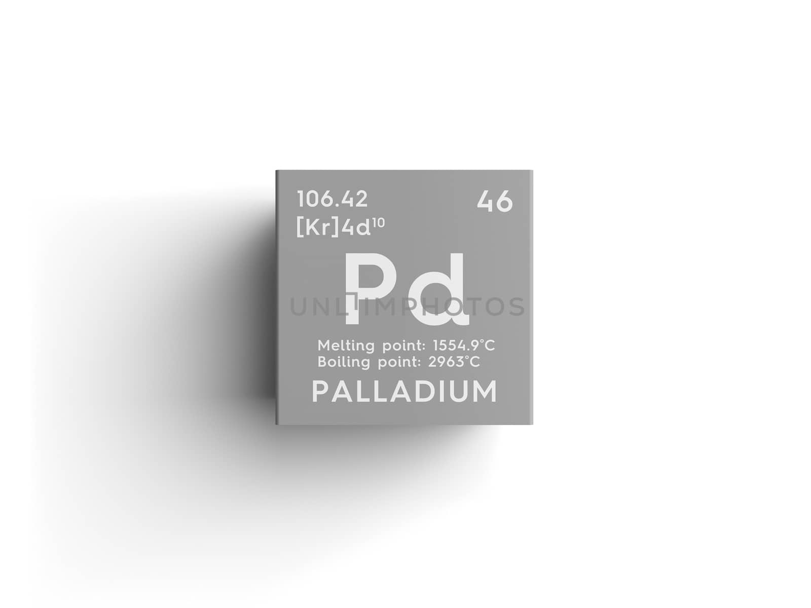 Palladium. Transition metals. Chemical Element of Mendeleev's Periodic Table. Palladium in square cube creative concept. 3D illustration.