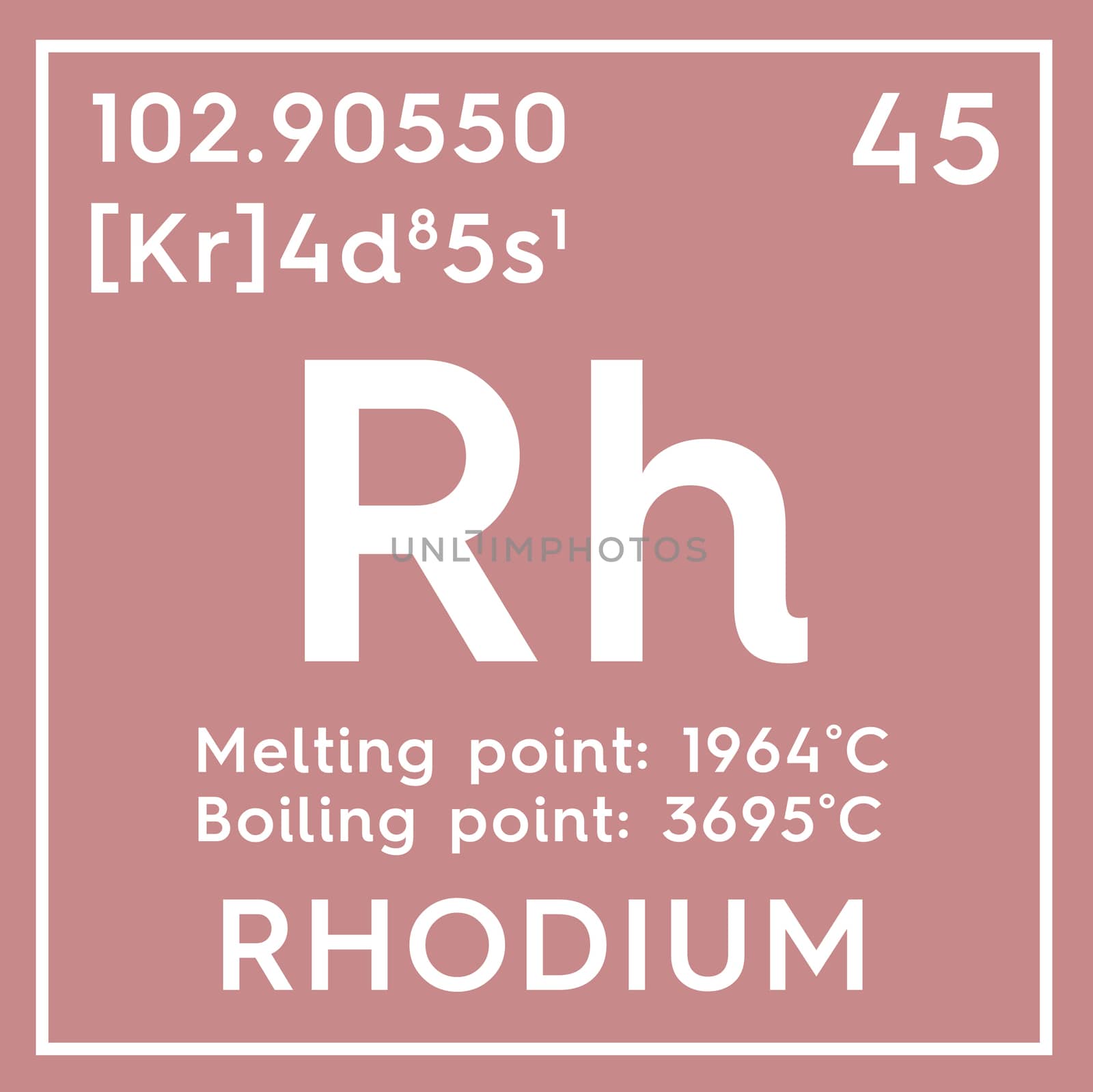 Rhodium. Transition metals. Chemical Element of Mendeleev's Periodic Table. Rhodium in square cube creative concept. 3D illustration.