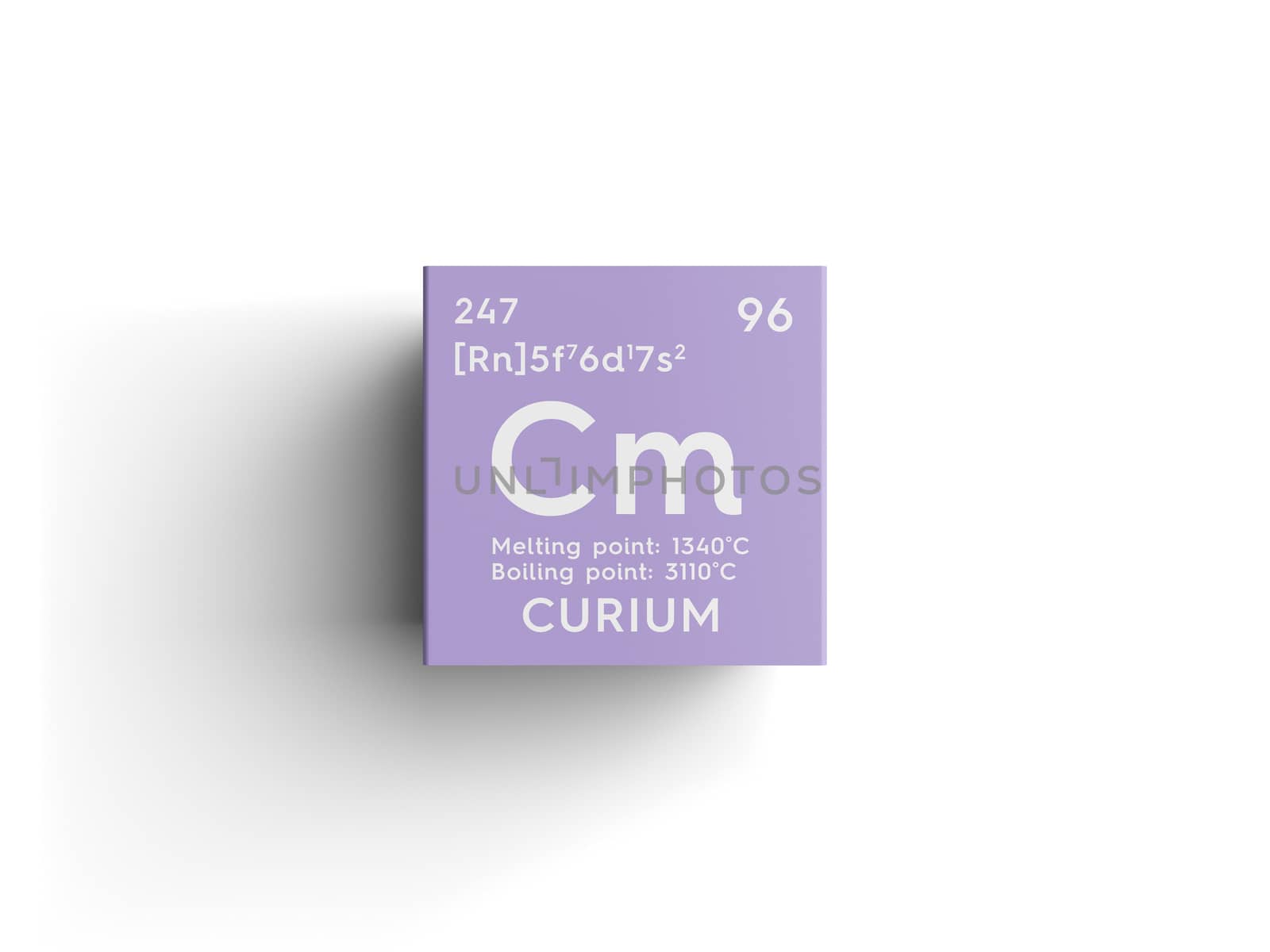 Curium. Actinoids. Chemical Element of Mendeleev's Periodic Table. Curium in square cube creative concept. 3D illustration.