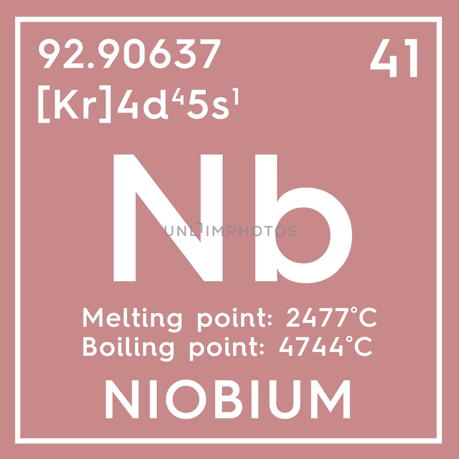 Niobium. Transition metals. Chemical Element of Mendeleev's Periodic Table. Niobium in square cube creative concept. 3D illustration.