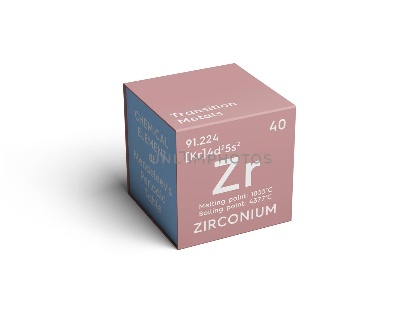 Zirconium. Transition metals. Chemical Element of Mendeleev's Periodic Table. Zirconium in square cube creative concept. 3D illustration.