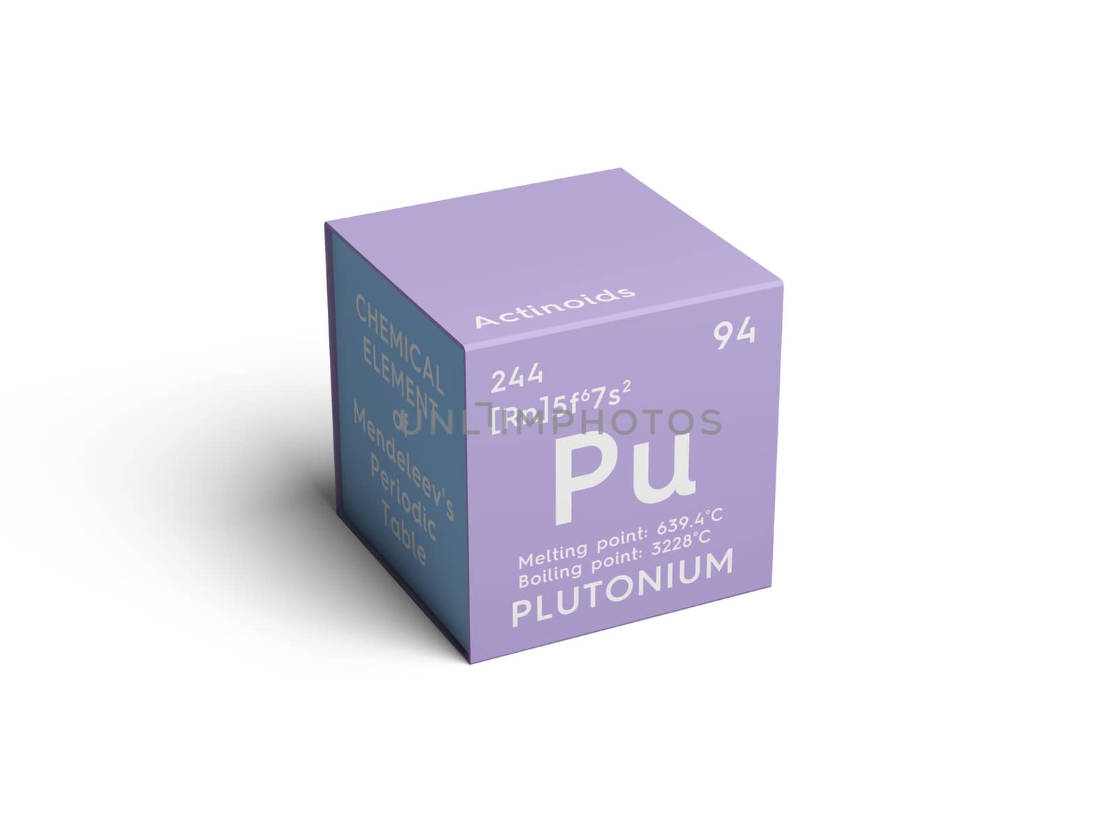 Plutonium. Actinoids. Chemical Element of Mendeleev's Periodic Table. Plutonium in square cube creative concept. 3D illustration.