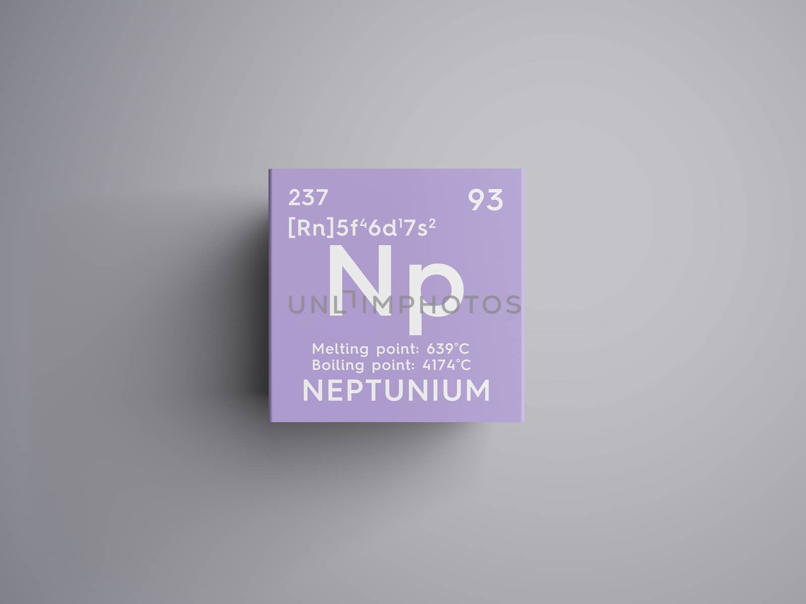 Neptunium. Actinoids. Chemical Element of Mendeleev's Periodic Table. Neptunium in square cube creative concept. 3D illustration.