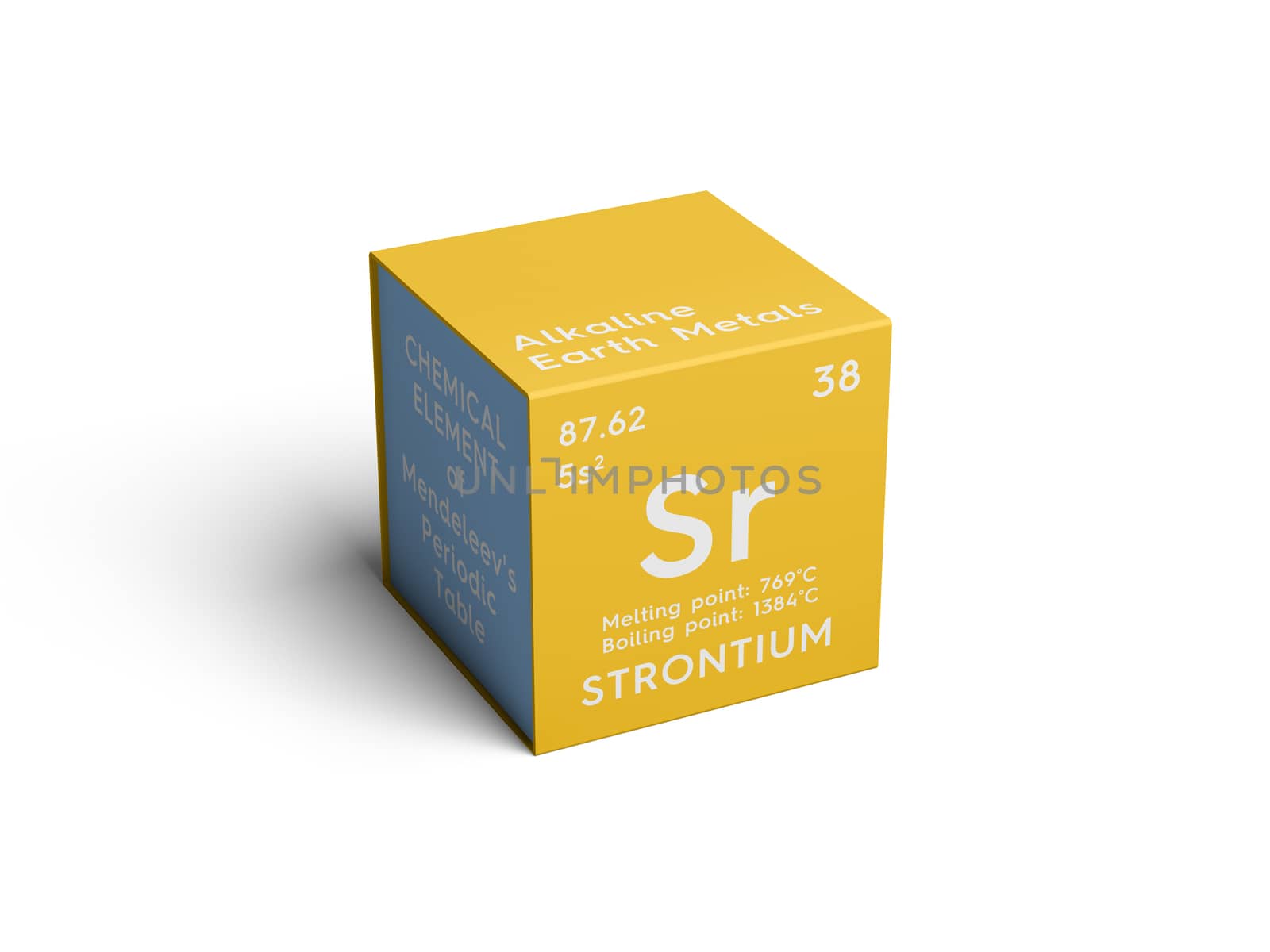 Strontium. Alkaline earth metals. Chemical Element of Mendeleev's Periodic Table. Strontium in square cube creative concept. 3D illustration.