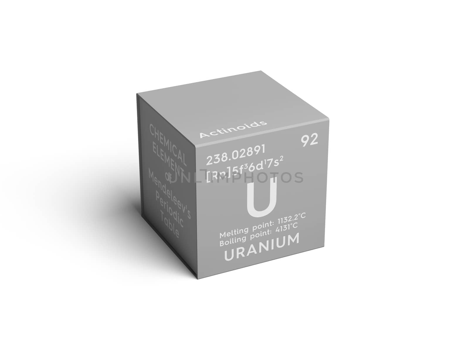 Uranium. Actinoids. Chemical Element of Mendeleev's Periodic Table. Uranium in square cube creative concept. 3D illustration.