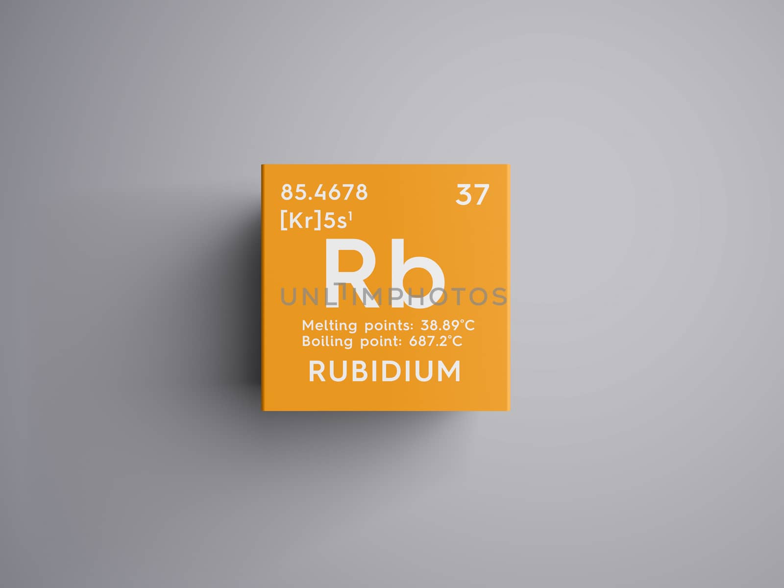 Rubidium. Alkali metals. Chemical Element of Mendeleev's Periodic Table. Rubidium in square cube creative concept. 3D illustration.