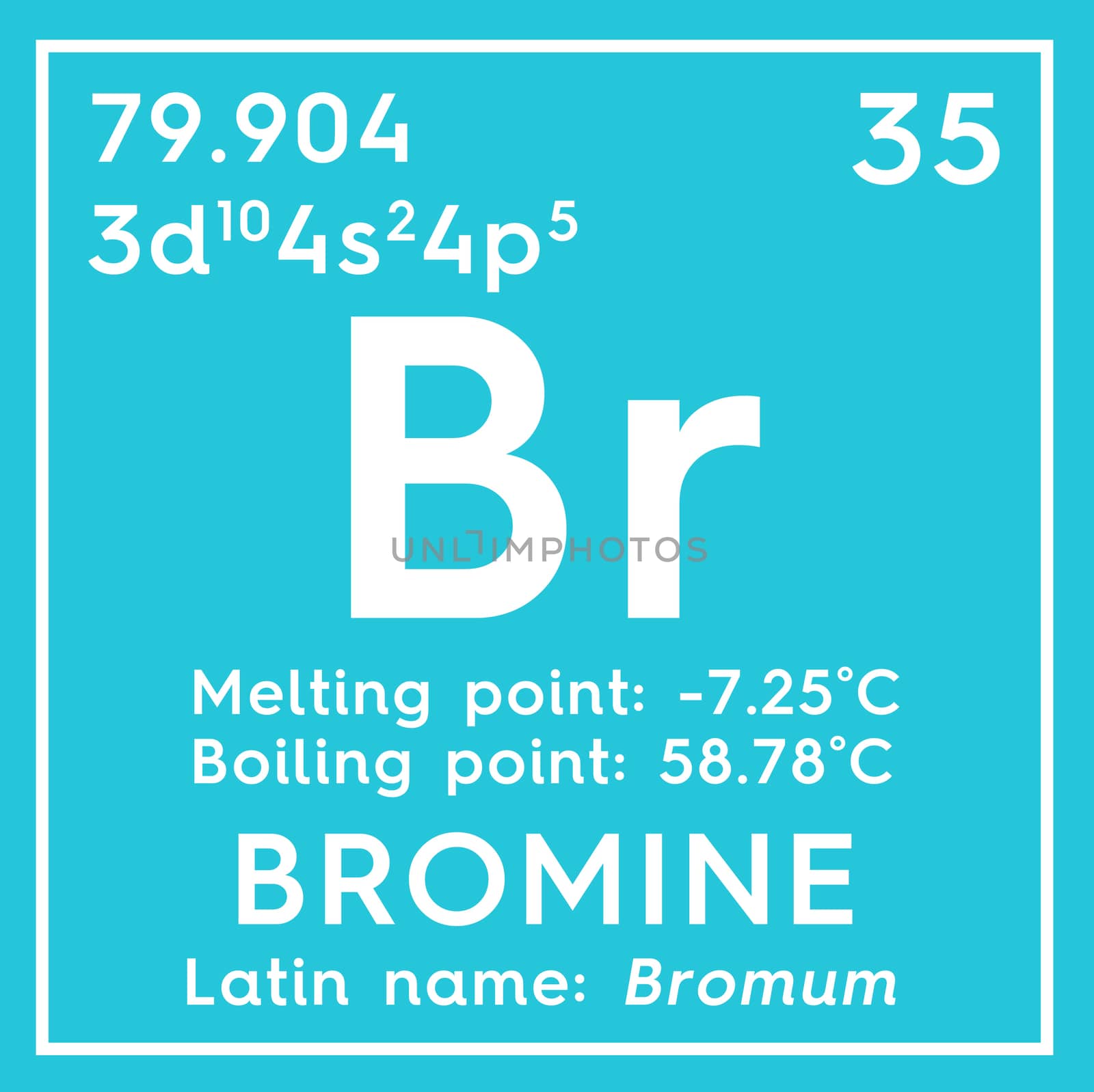 Bromine. Bromum. Halogens. Chemical Element of Mendeleev's Periodic Table. Bromine in square cube creative concept. 3D illustration.