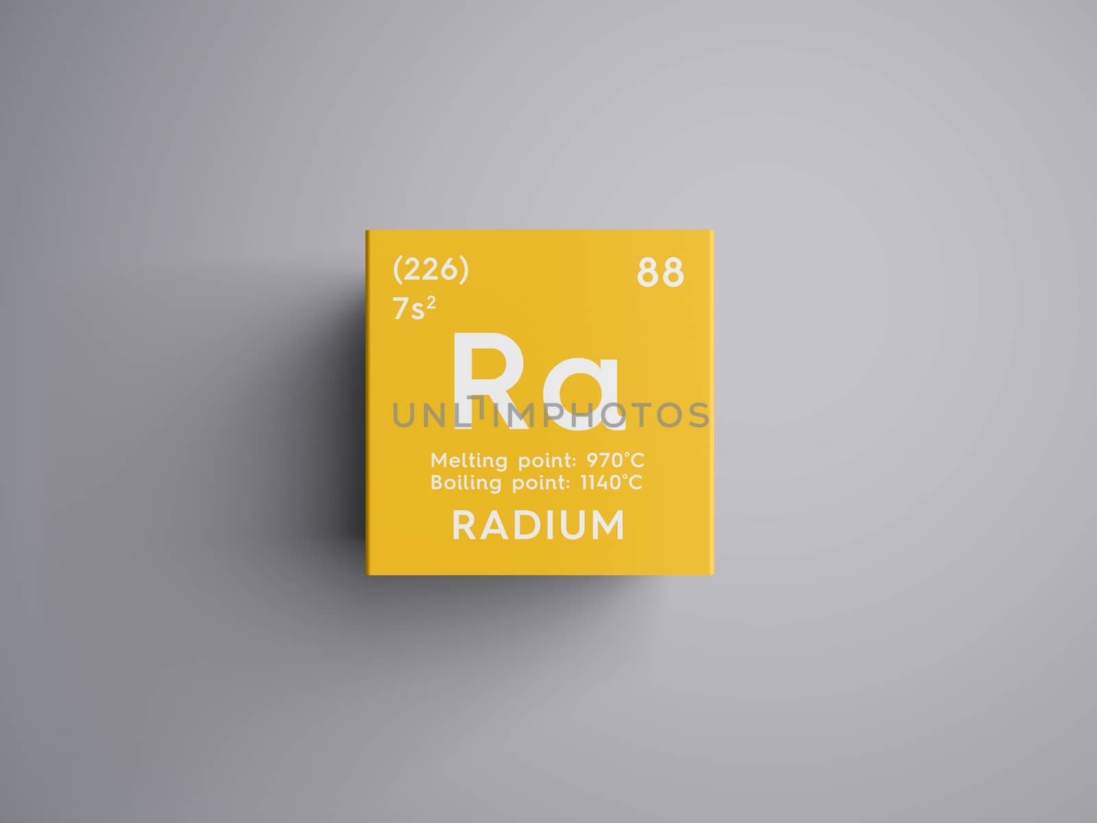 Radium. Alkaline earth metals. Chemical Element of Mendeleev's Periodic Table. Radium in square cube creative concept. 3D illustration.