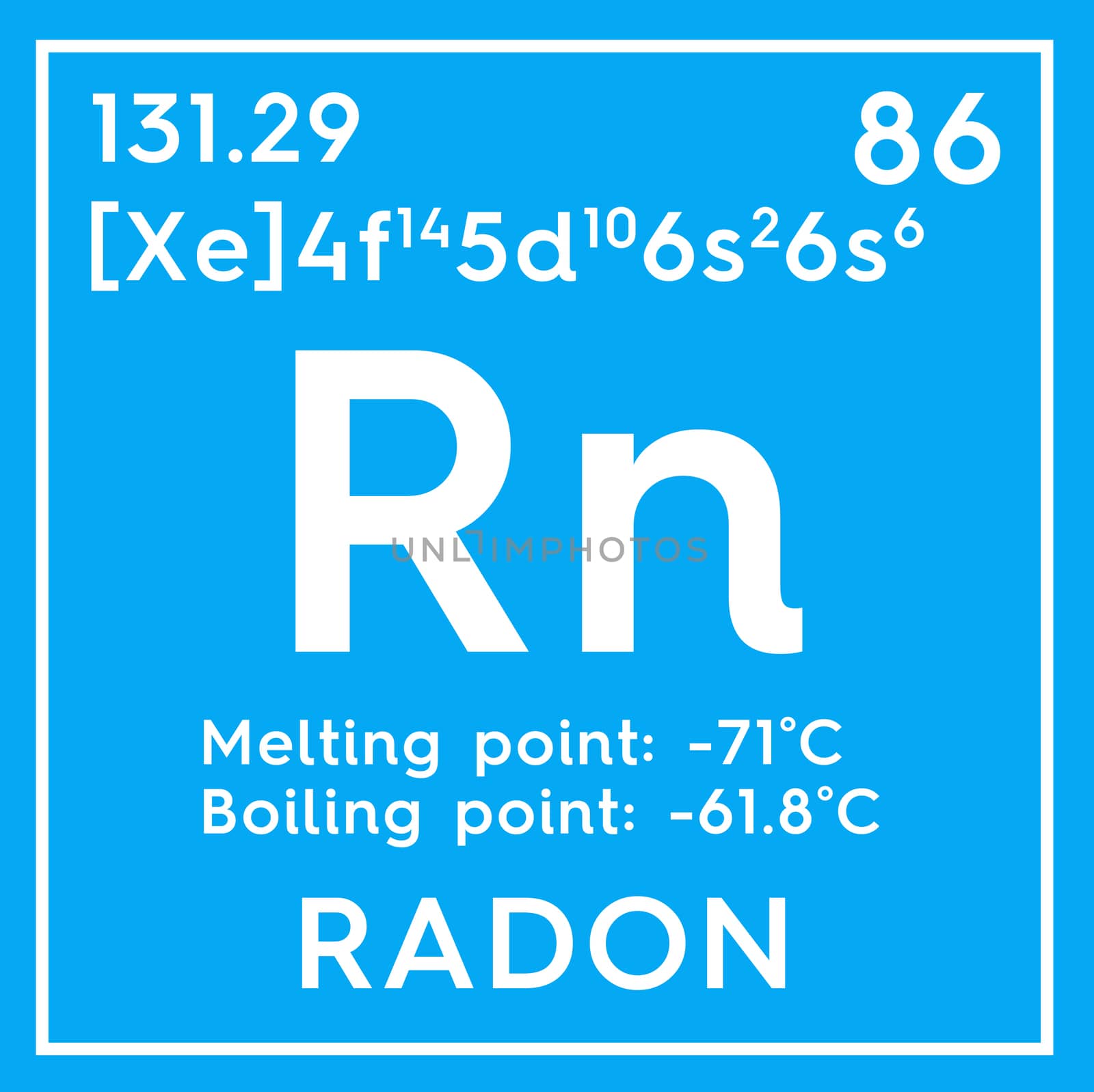 Radon. Noble gases. Chemical Element of Mendeleev's Periodic Table. Radon in square cube creative concept. 3D illustration.