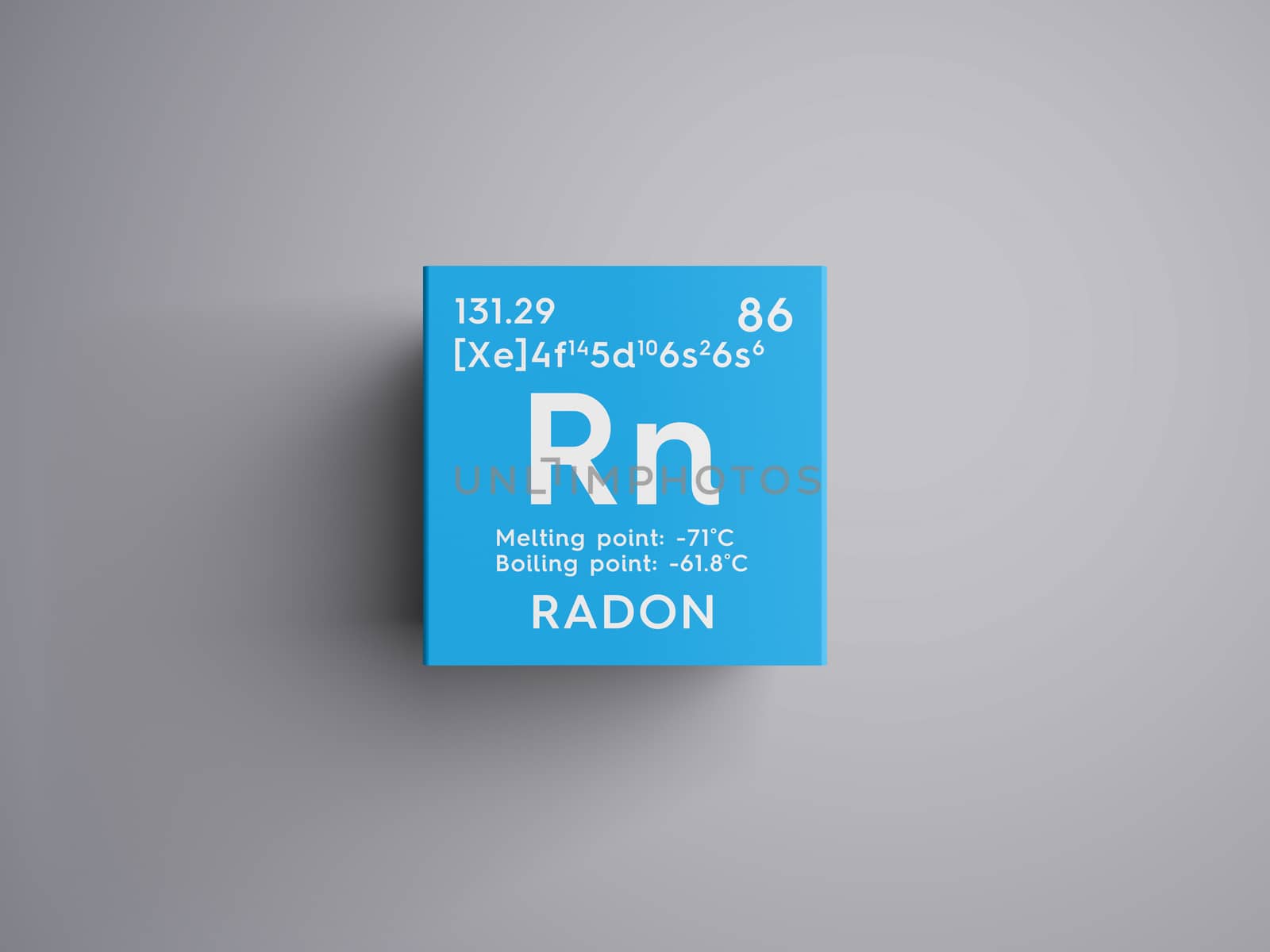 Radon. Noble gases. Chemical Element of Mendeleev's Periodic Table. Radon in square cube creative concept. 3D illustration.