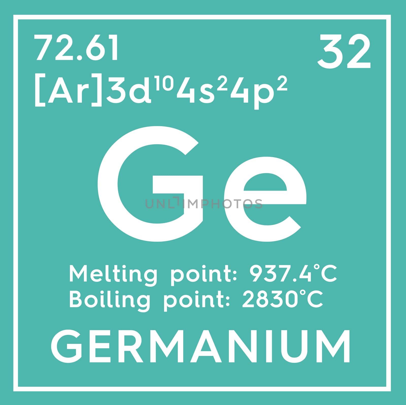 Germanium. Metalloids. Chemical Element of Mendeleev's Periodic Table. Germanium in square cube creative concept. 3D illustration.