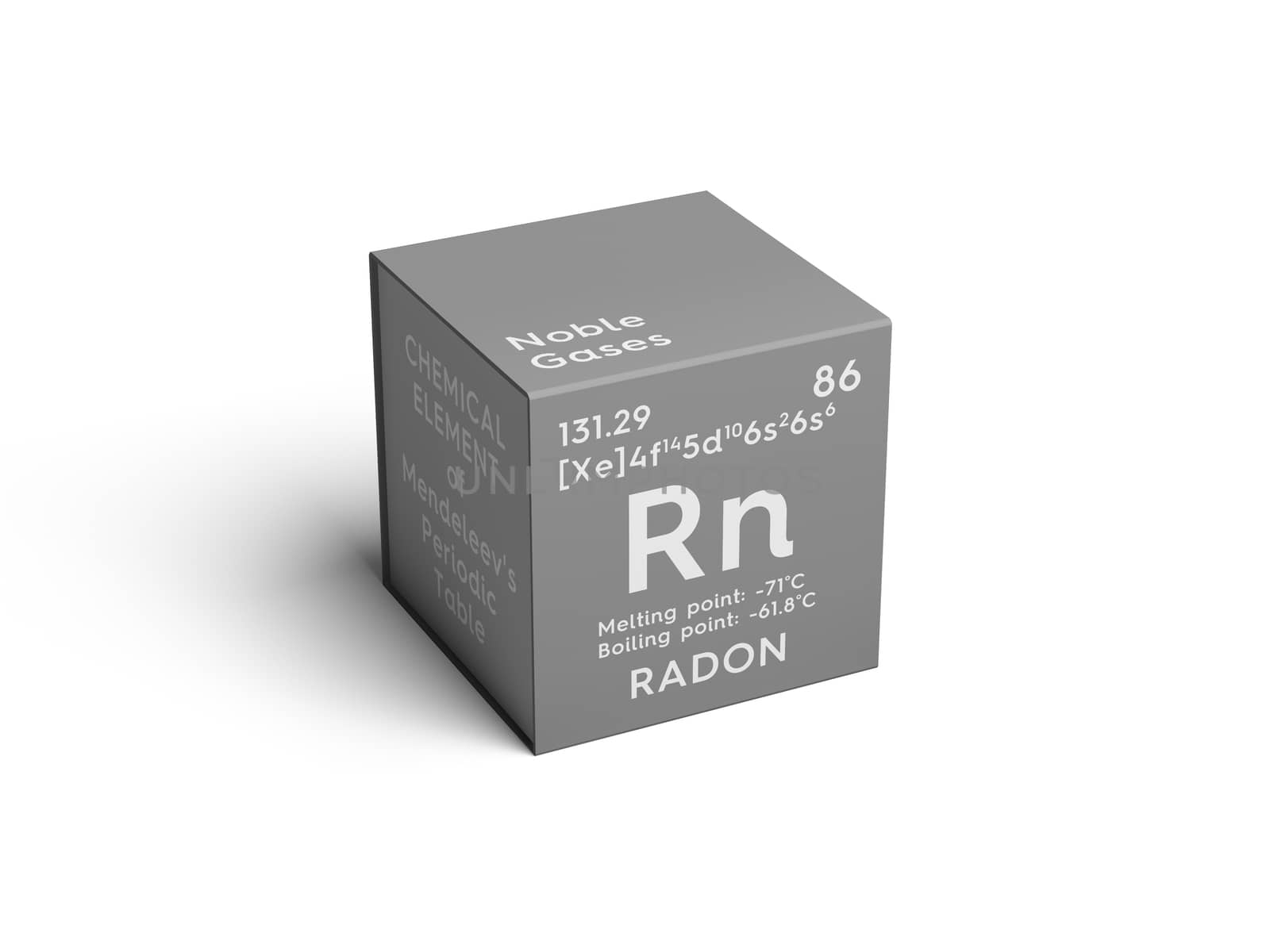 Radon. Noble gases. Chemical Element of Mendeleev's Periodic Table. Radon in square cube creative concept. 3D illustration.