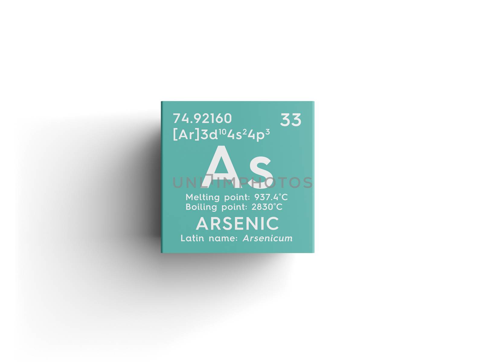 Arsenic. Arsenicum. Metalloids. Chemical Element of Mendeleev's Periodic Table. Arsenic in square cube creative concept. 3D illustration.