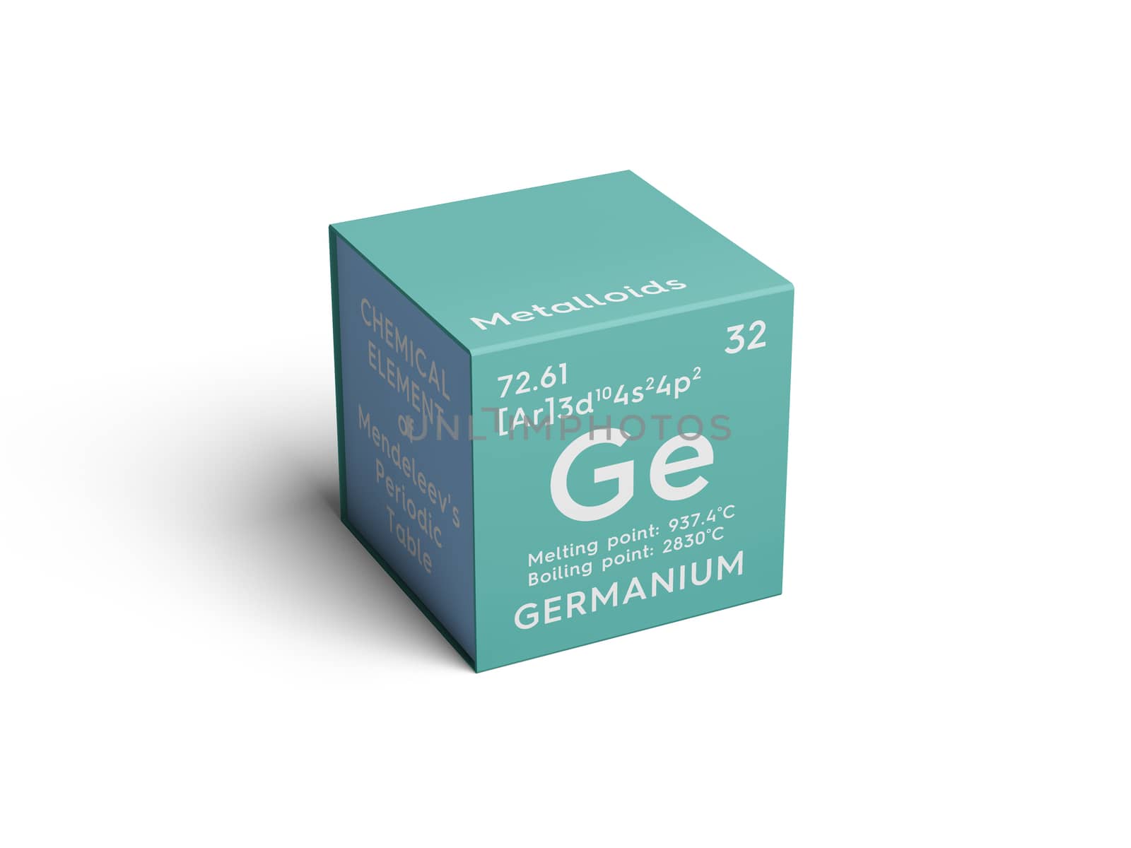 Germanium. Metalloids. Chemical Element of Mendeleev's Periodic Table. Germanium in square cube creative concept. 3D illustration.