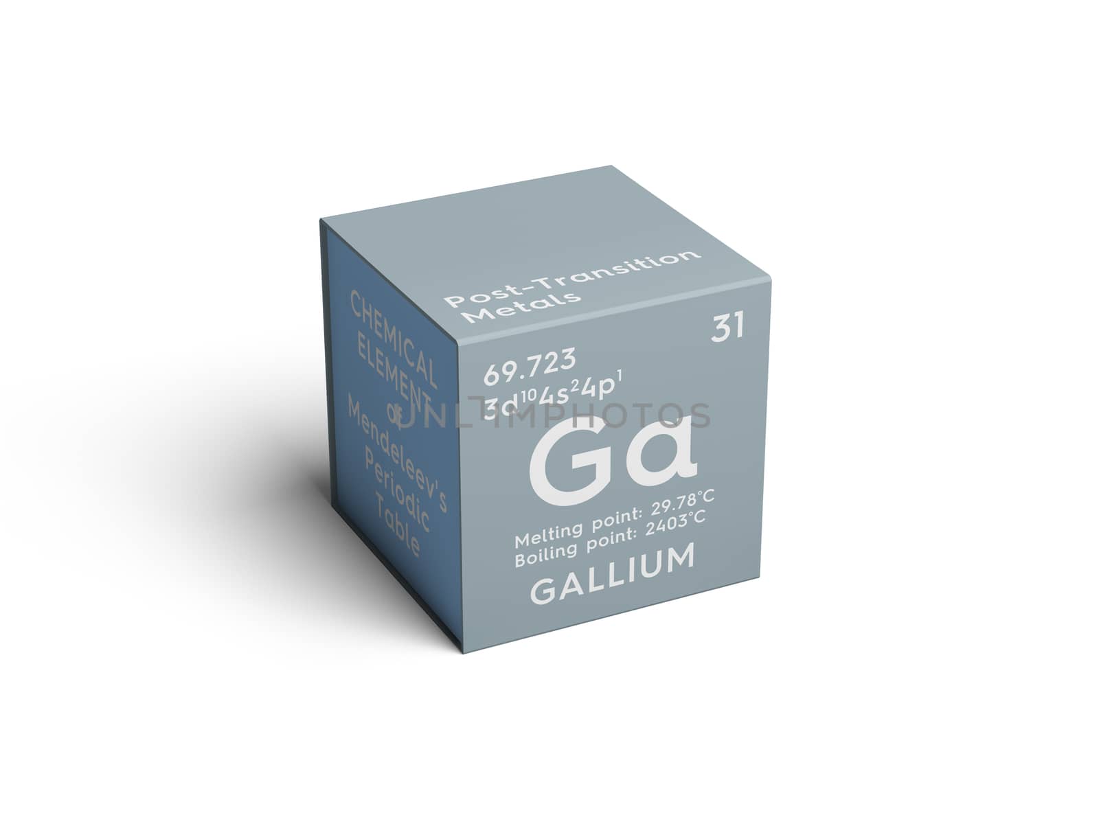 Gallium. Post-transition metals. Chemical Element of Mendeleev's Periodic Table. Gallium in square cube creative concept. 3D illustration.