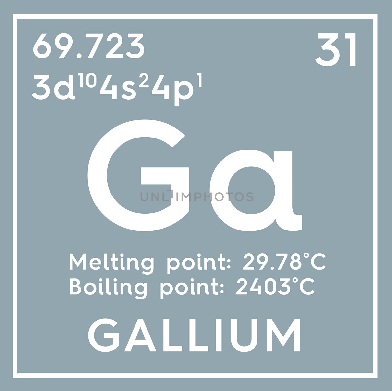 Gallium. Post-transition metals. Chemical Element of Mendeleev's Periodic Table. Gallium in square cube creative concept. 3D illustration.