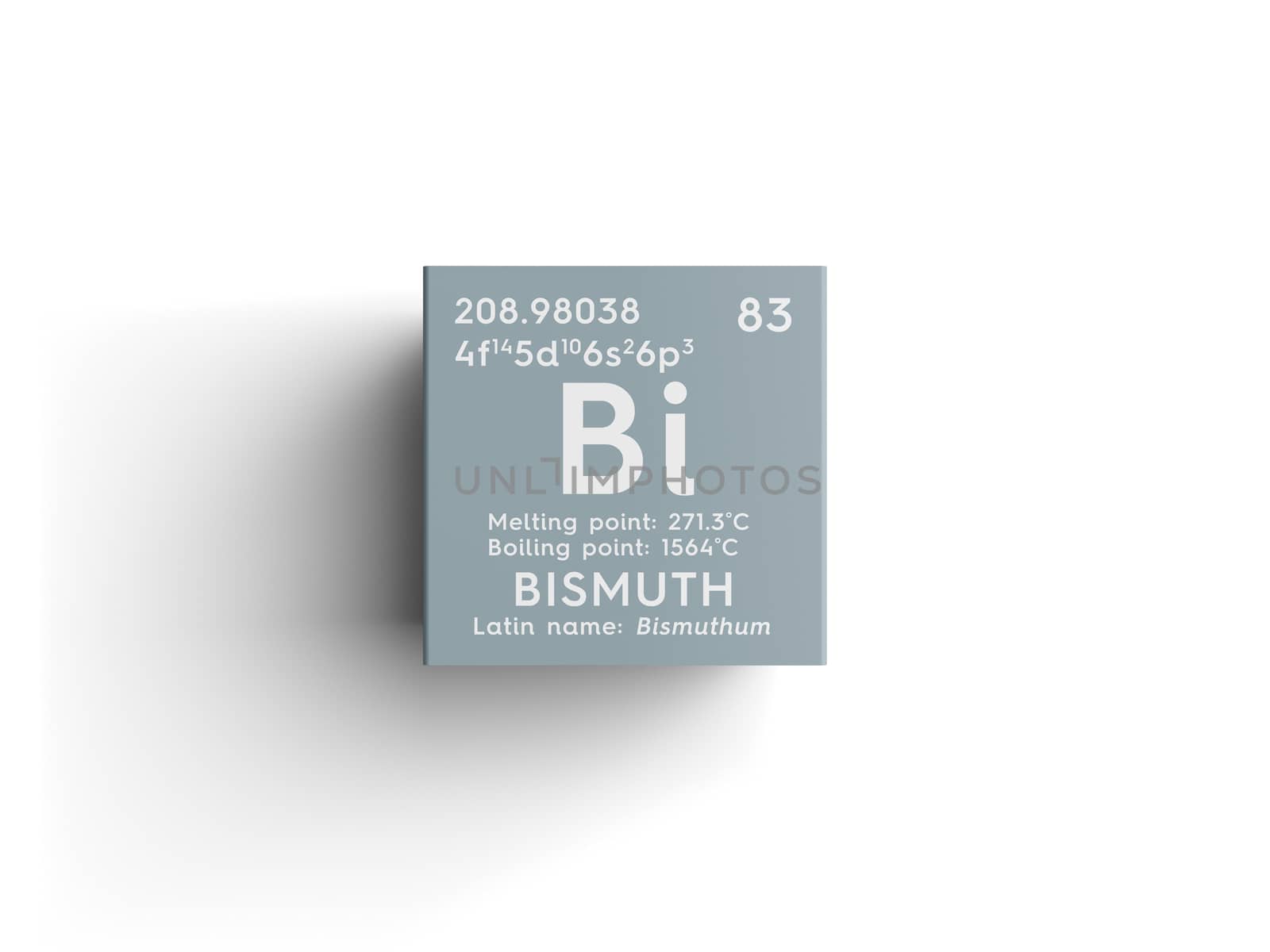 Bismuth. Bishmuthum. Post-transition metals. Chemical Element of Mendeleev's Periodic Table. Bismuth in square cube creative concept. 3D illustration.