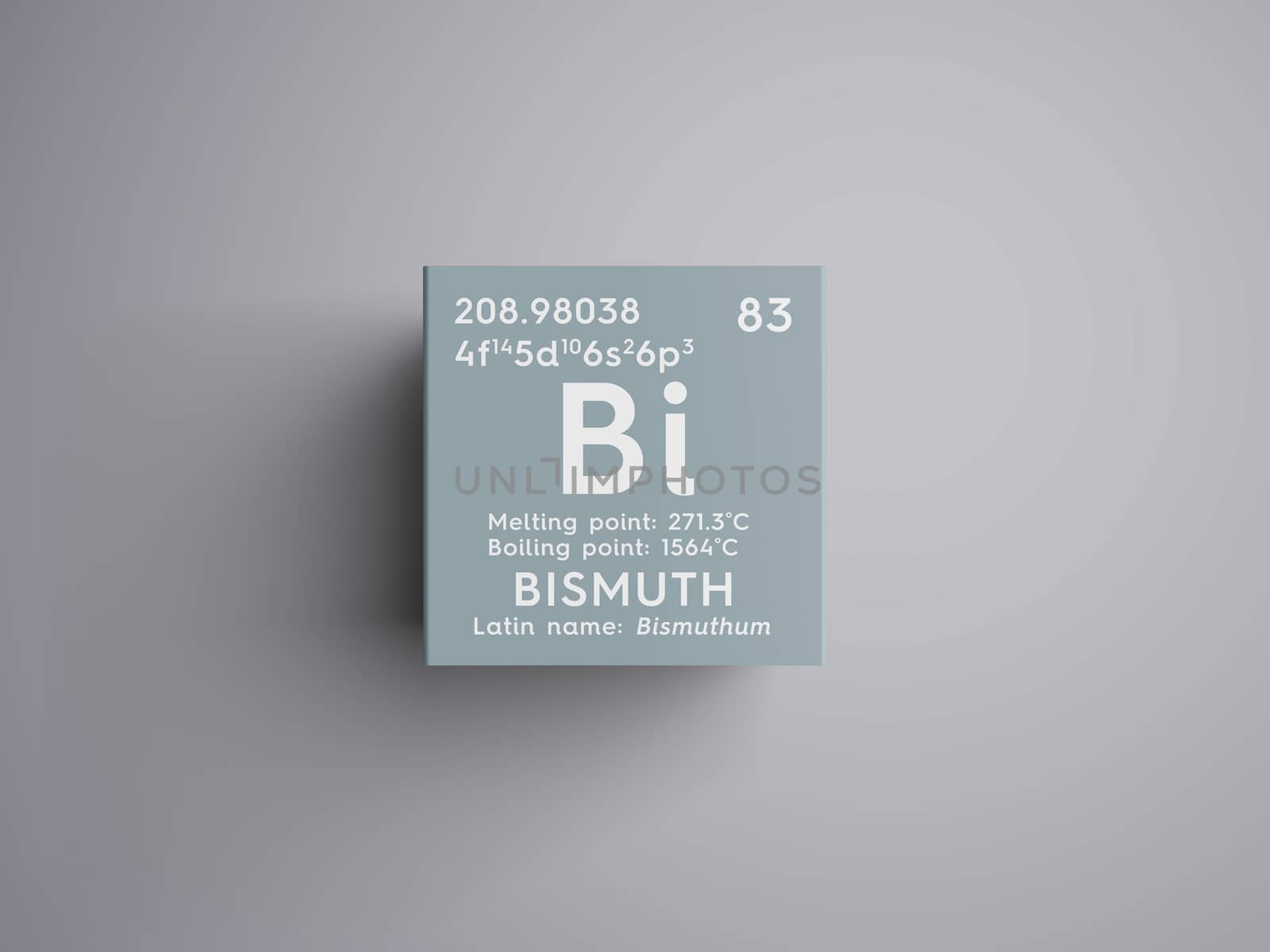 Bismuth. Bishmuthum. Post-transition metals. Chemical Element of Mendeleev's Periodic Table. Bismuth in square cube creative concept. 3D illustration.