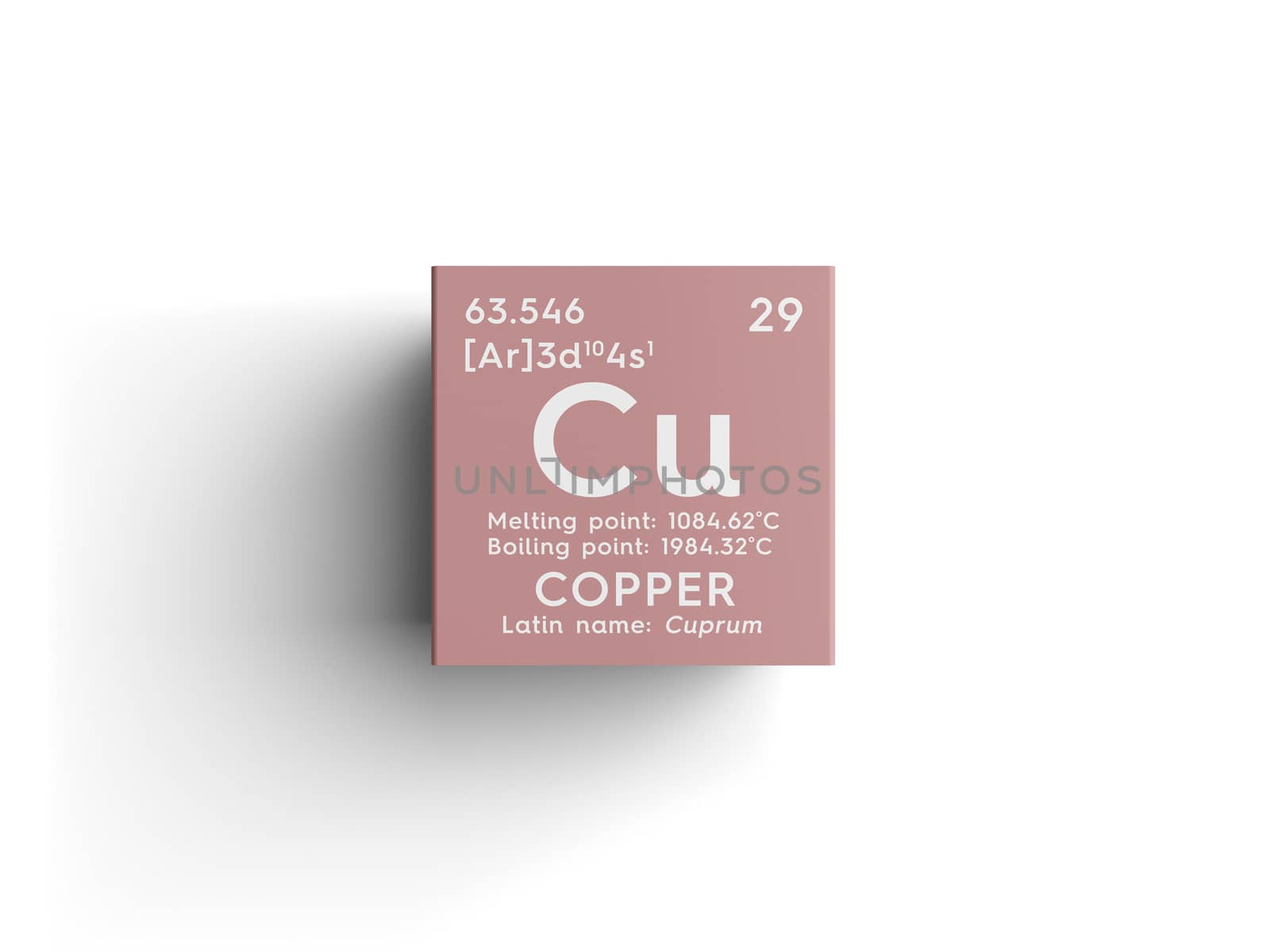 Copper. Cuprum. Transition metals. Chemical Element of Mendeleev's Periodic Table. Copper in square cube creative concept. 3D illustration.