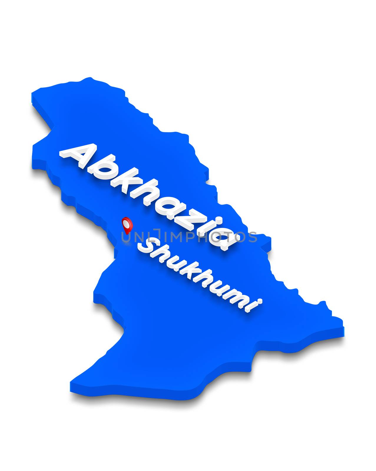 Illustration of a blue ground map of Abkhazia on white isolated background. Left 3D isometric perspective projection with the name of country and capital Shukhumi.