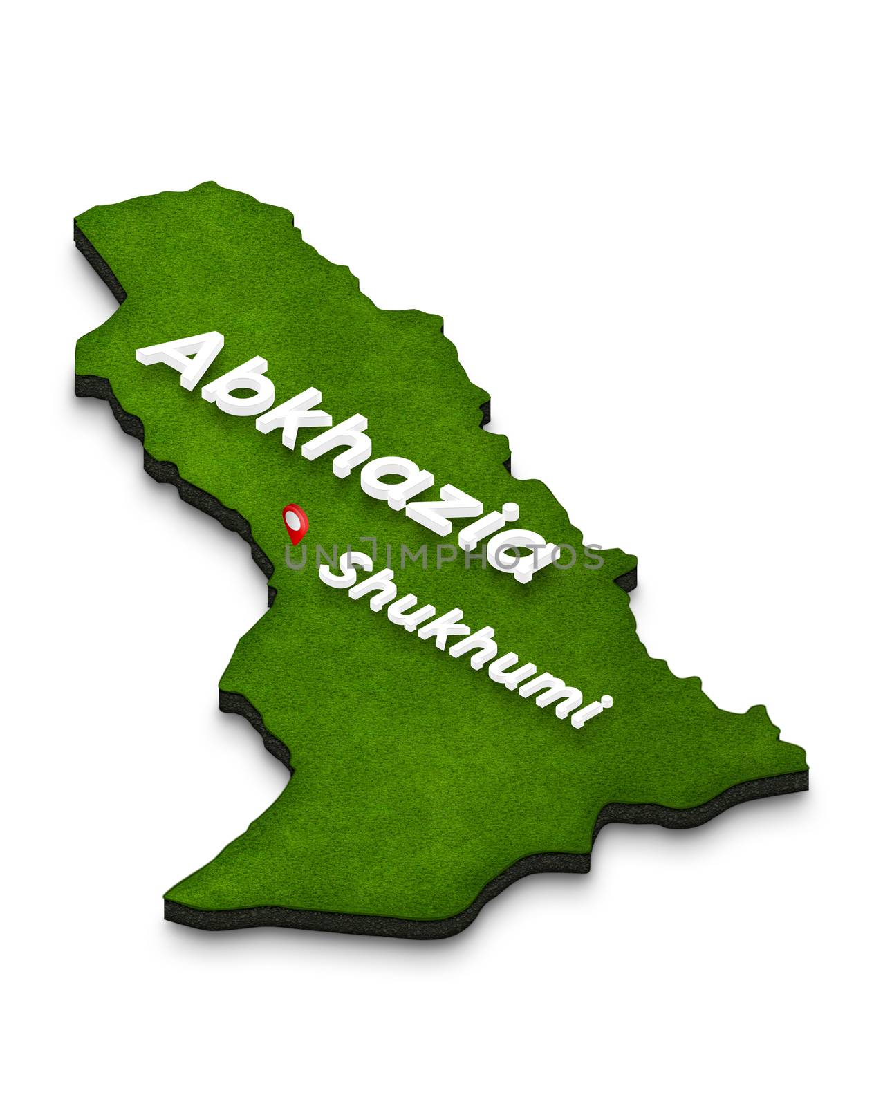 Illustration of a green ground map of Abkhazia on white isolated background. Left 3D isometric perspective projection with the name of country and capital Shukhumi.