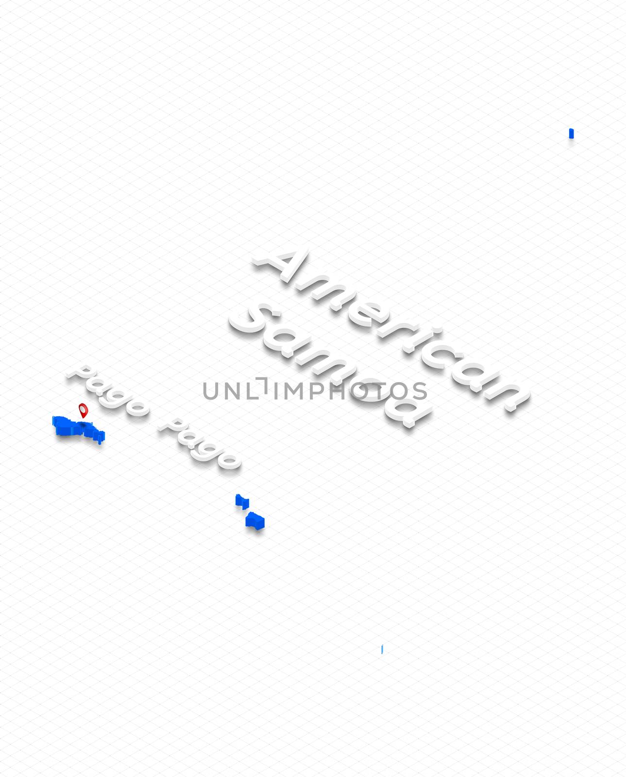 Illustration of a blue ground map of American Samoa on grid background. Left 3D isometric perspective projection with the name of country and capital Pago Pago.