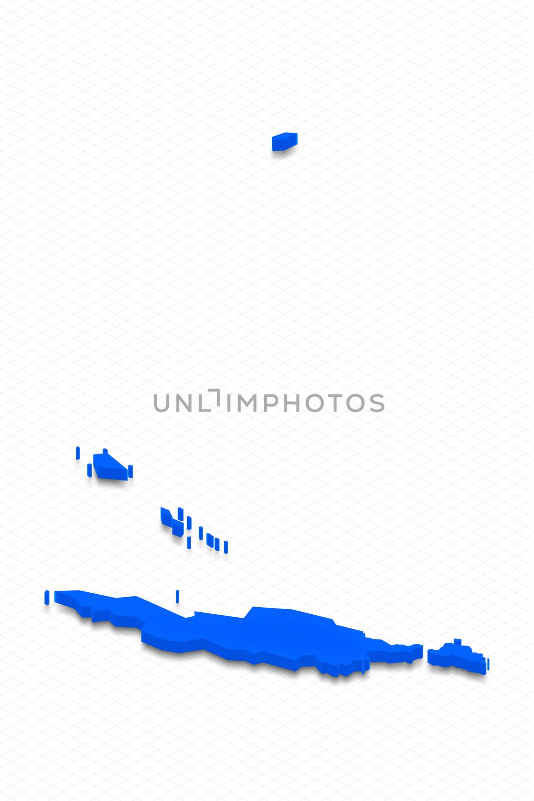 Illustration of a blue ground map of Anguilla on grid background. Left 3D isometric perspective projection.
