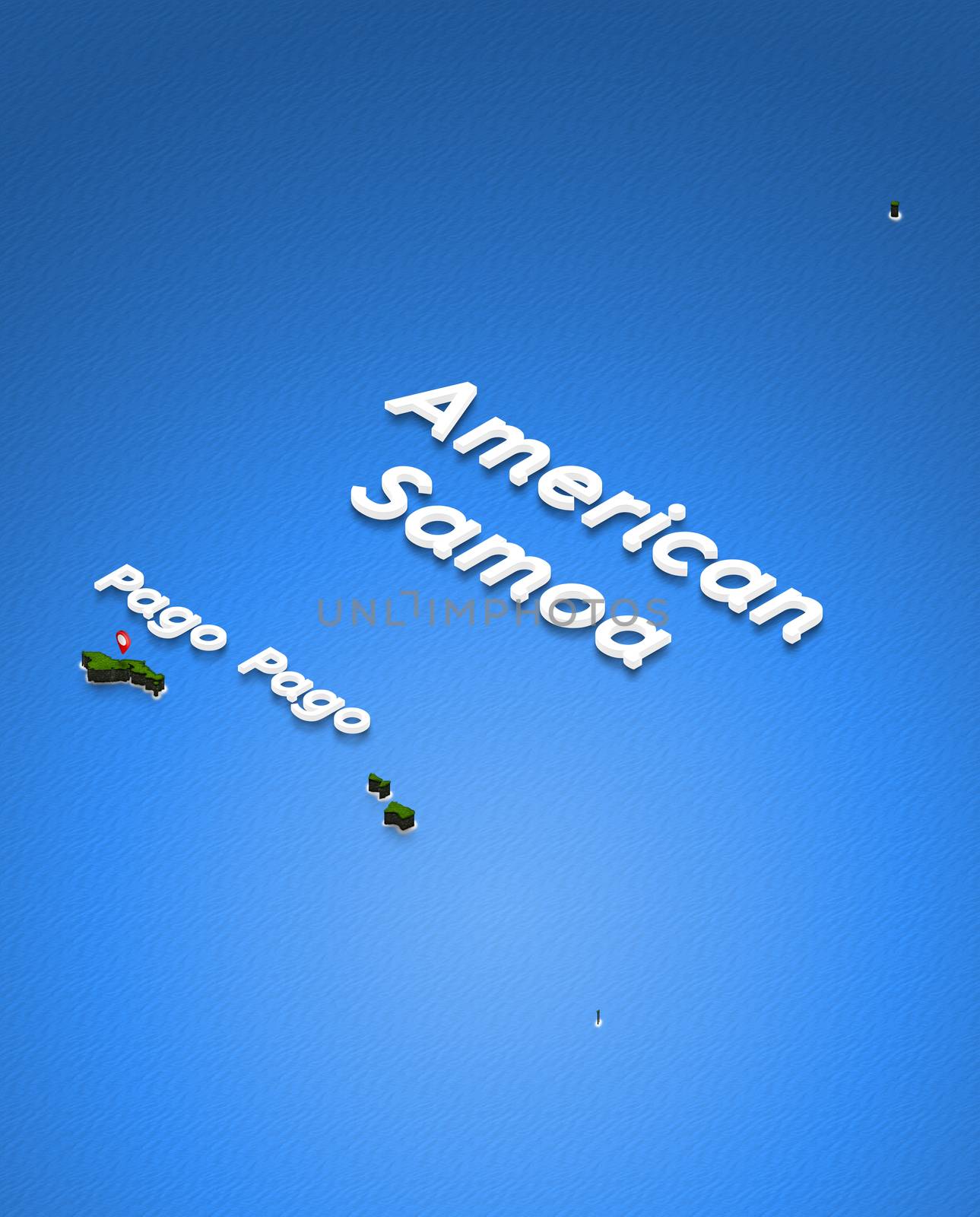 Illustration of a green ground map of American Samoa on water background. Left 3D isometric perspective projection with the name of country and capital Pago Pago.
