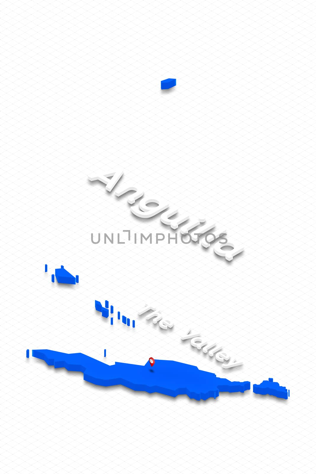 Illustration of a blue ground map of Anguilla on grid background. Left 3D isometric perspective projection with the name of country and capital The Valley