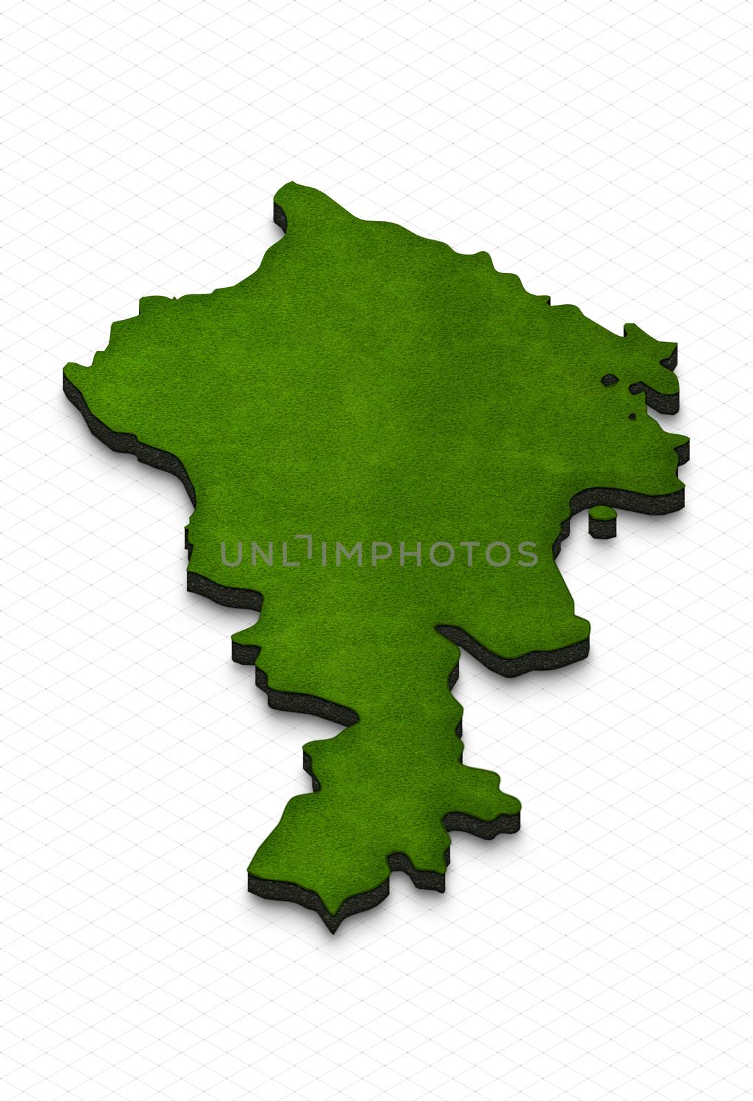 Illustration of a green ground map of Armenia on grid background. Left 3D isometric perspective projection.