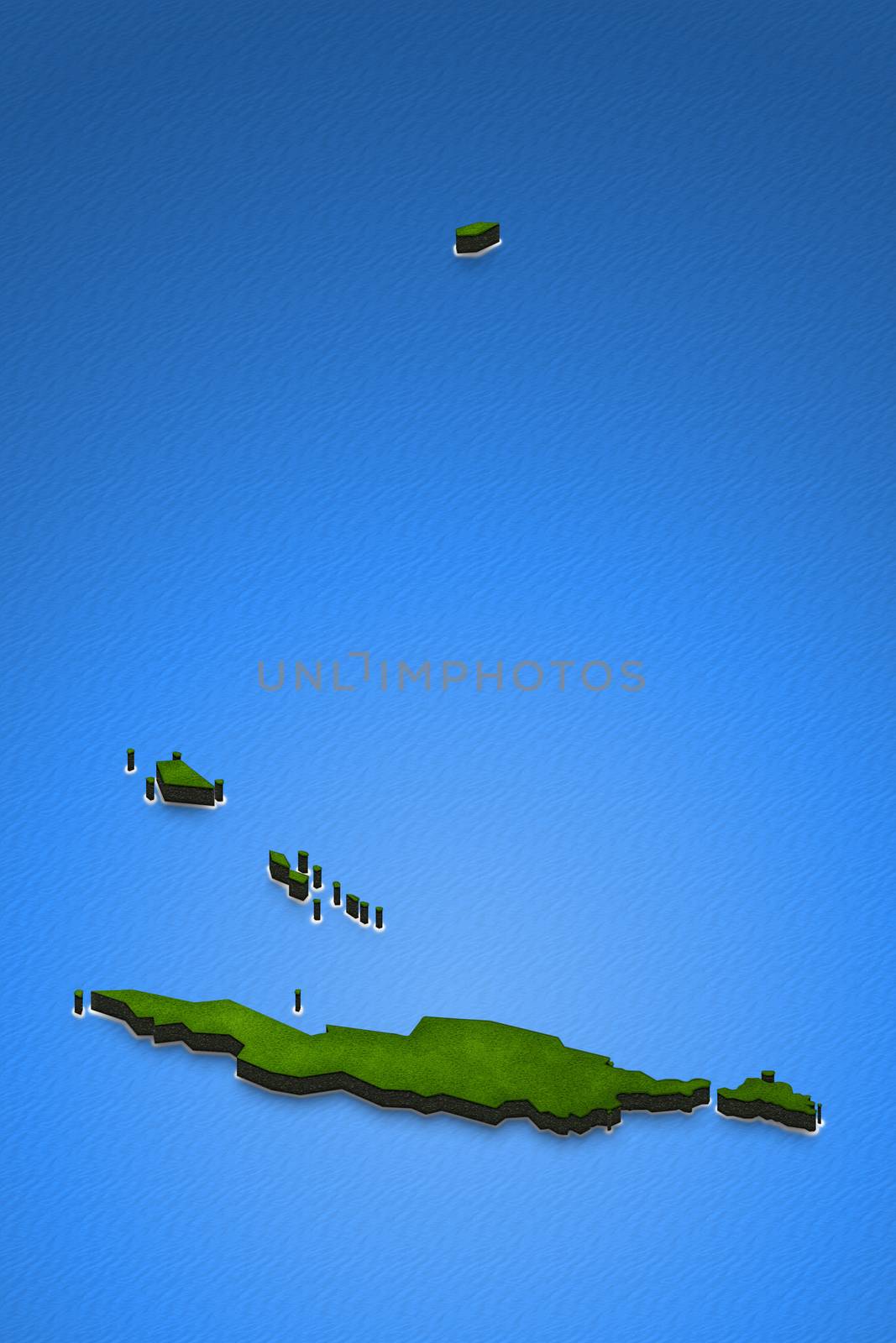 Illustration of a green ground map of Anguilla on water background. Left 3D isometric perspective projection.