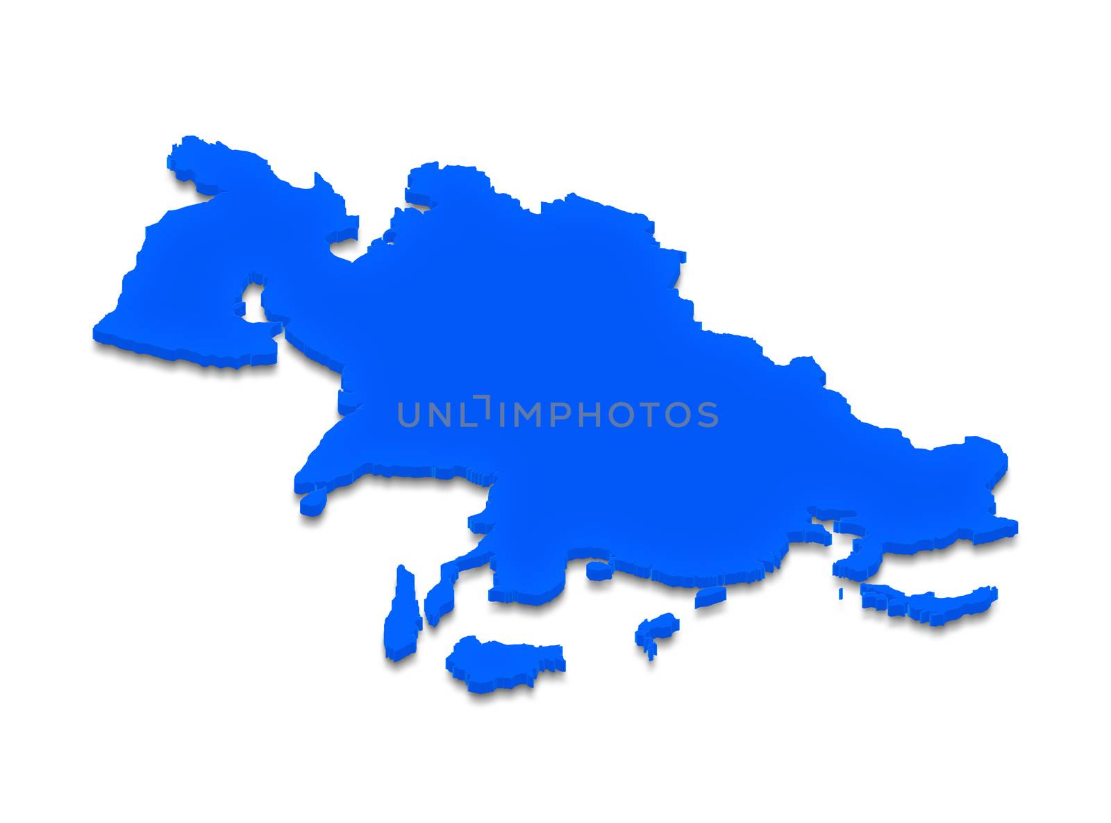 Illustration of a blue ground map of Asia on isolated background. Left 3D isometric projection.