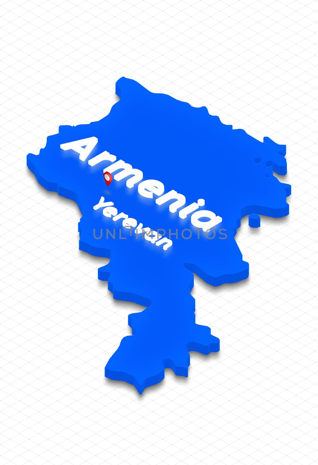 Illustration of a blue ground map of Armenia on grid background. Left 3D isometric perspective projection with the lighting name of country and capital Yerevan.