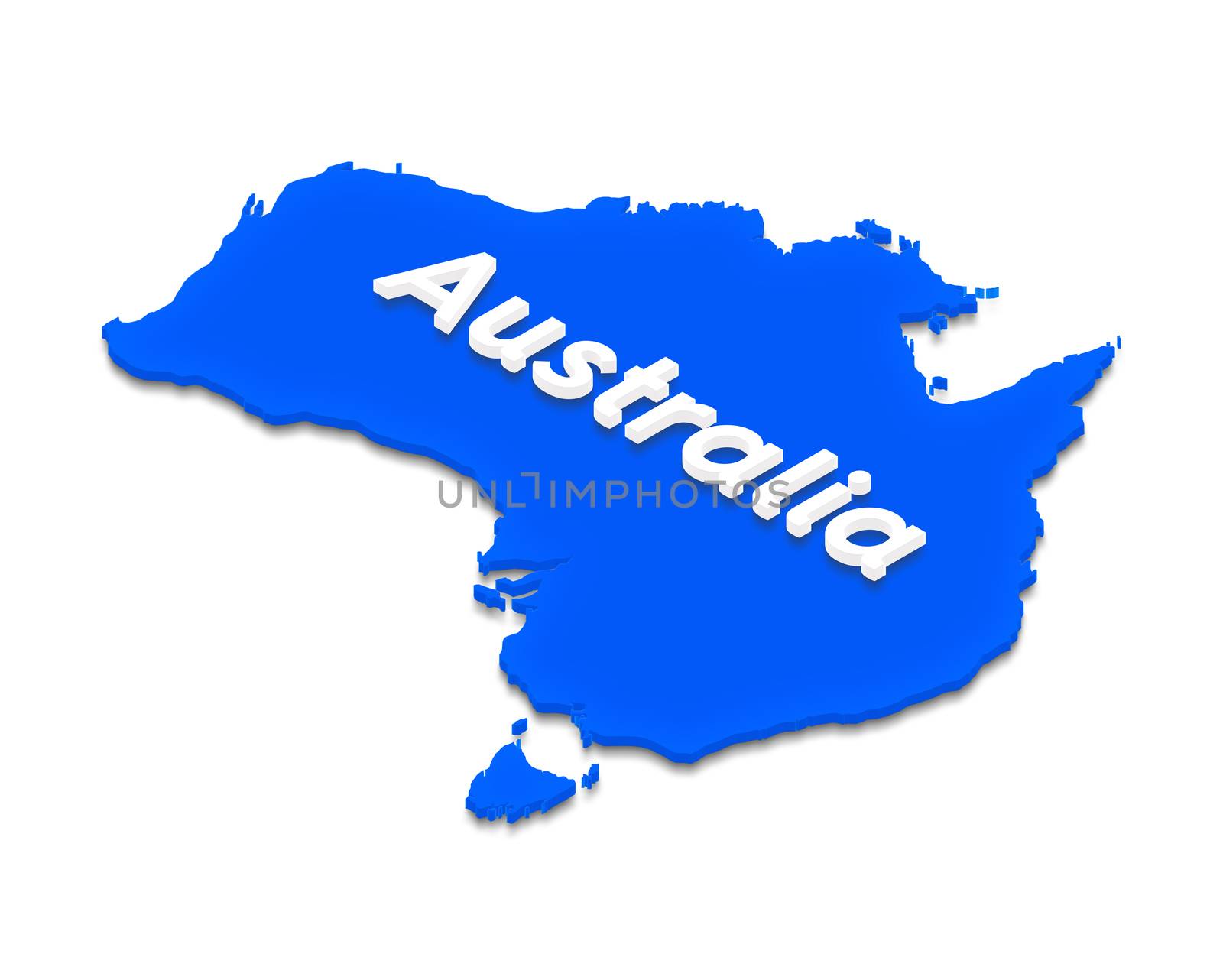 Illustration of a blue ground map of Australia on isolated background. Left 3D isometric projection with the name of continent.