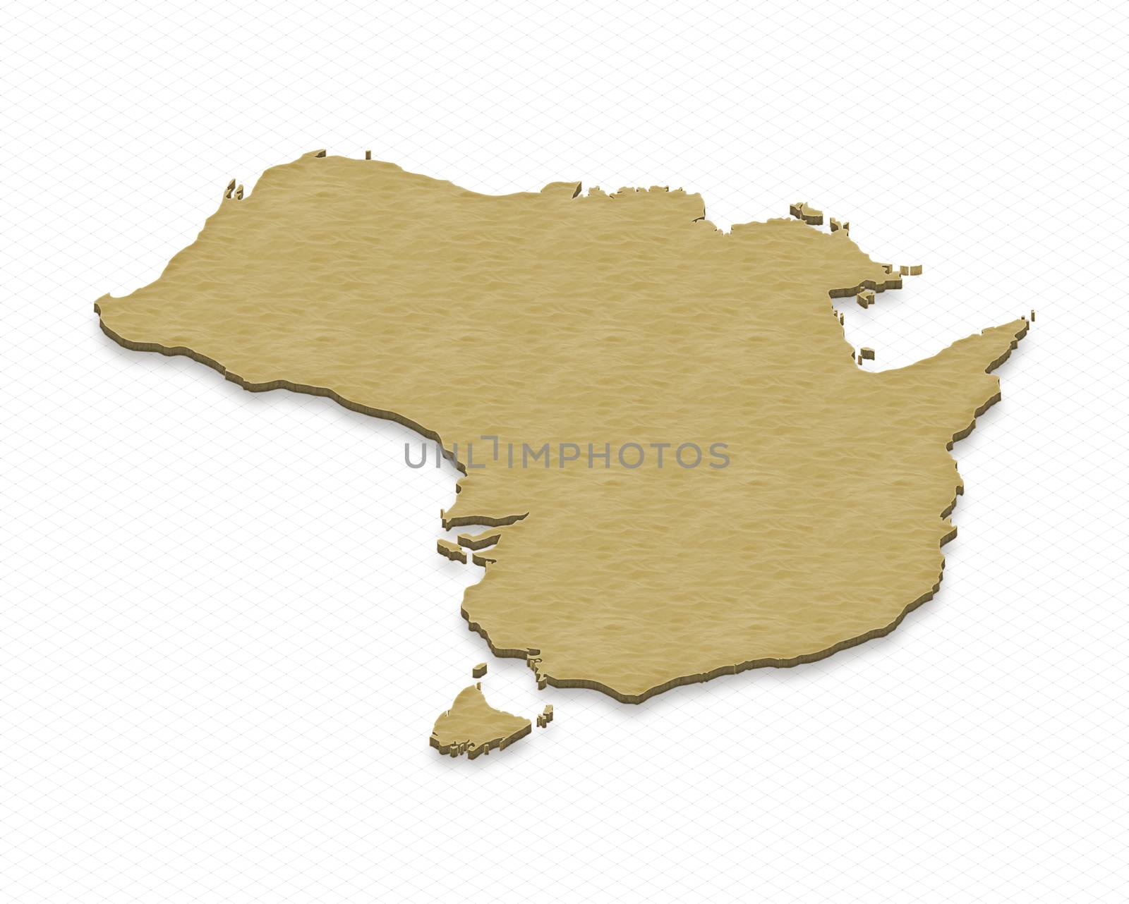 Illustration of a sand ground map of Australia on grid background. Left 3D isometric projection.