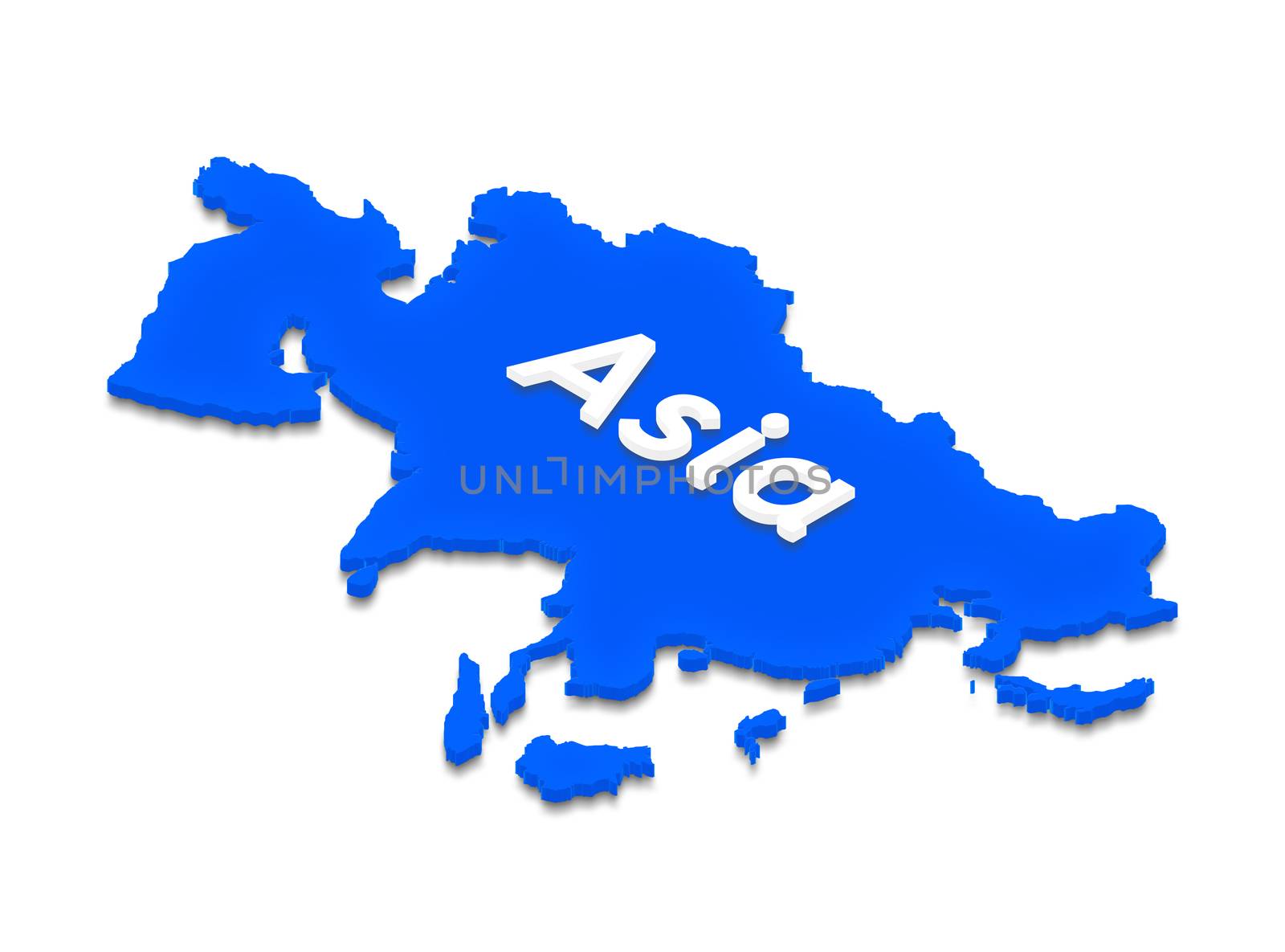 Illustration of a blue ground map of Asia on isolated background. Left 3D isometric projection with the name of continent.
