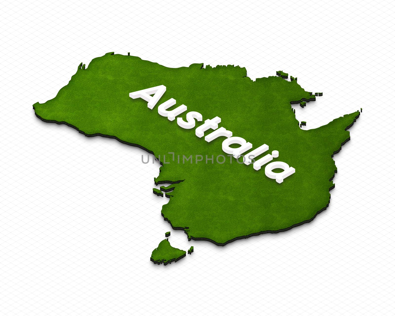 Illustration of a green ground map of Australia on grid background. Left 3D isometric projection with the name of continent.