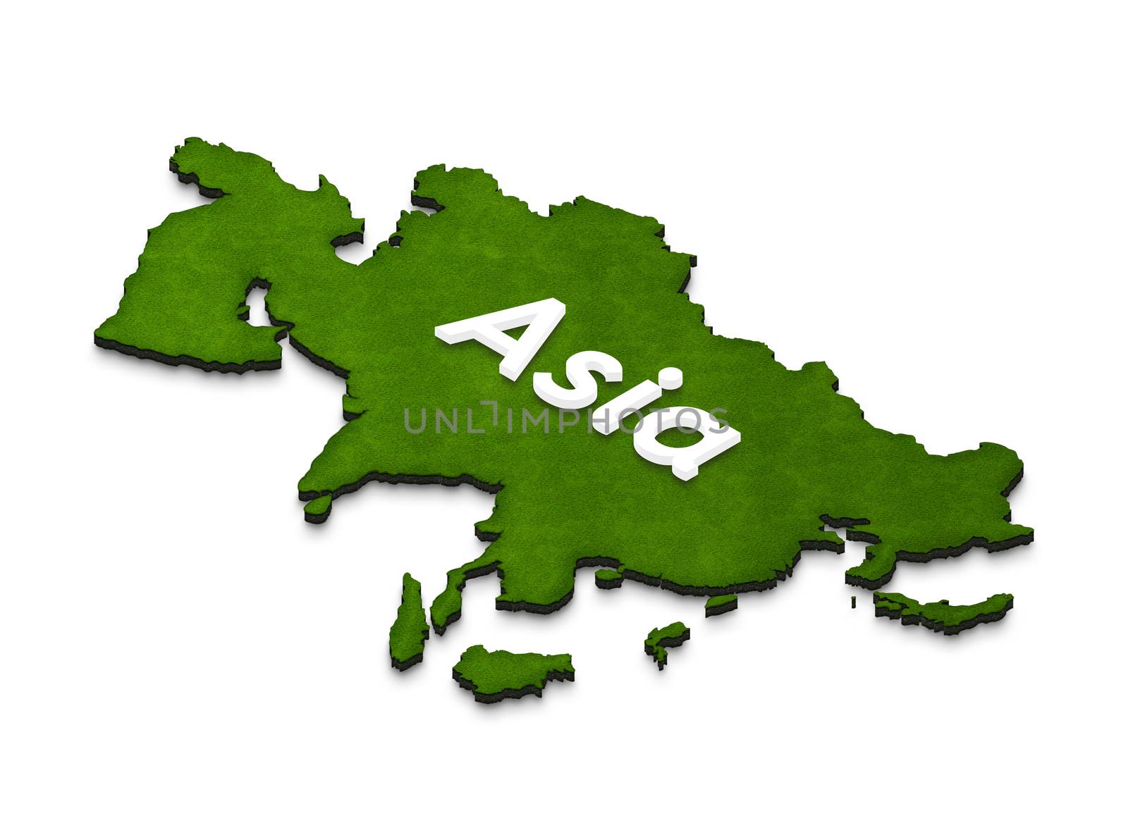 Illustration of a green ground map of Asia on isolated background. Left 3D isometric projection with the name of continent.