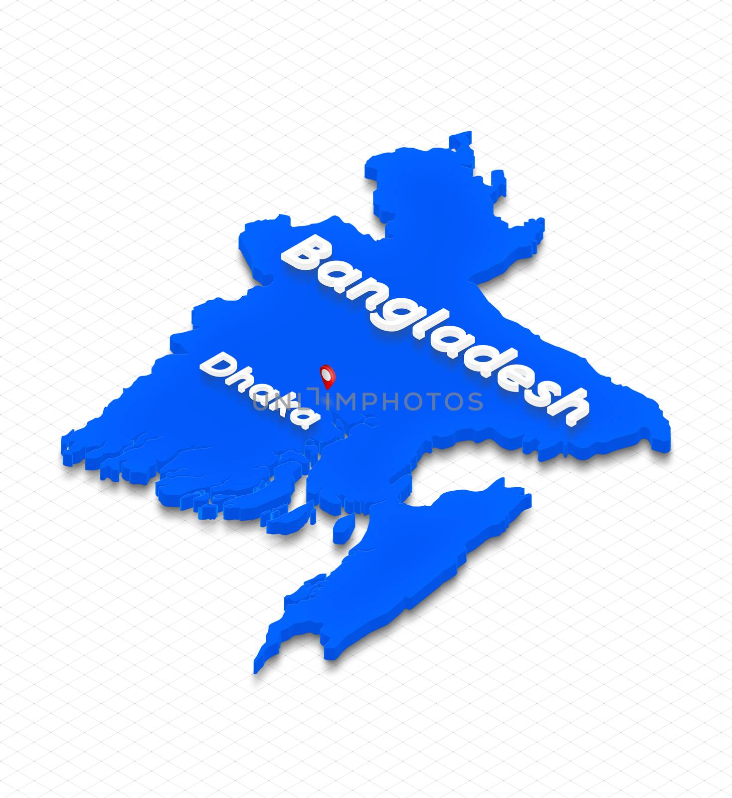 Illustration of a blue ground map of Bangladesh on grid background. Left 3D isometric perspective projection with the name of country and capital Dhaka.