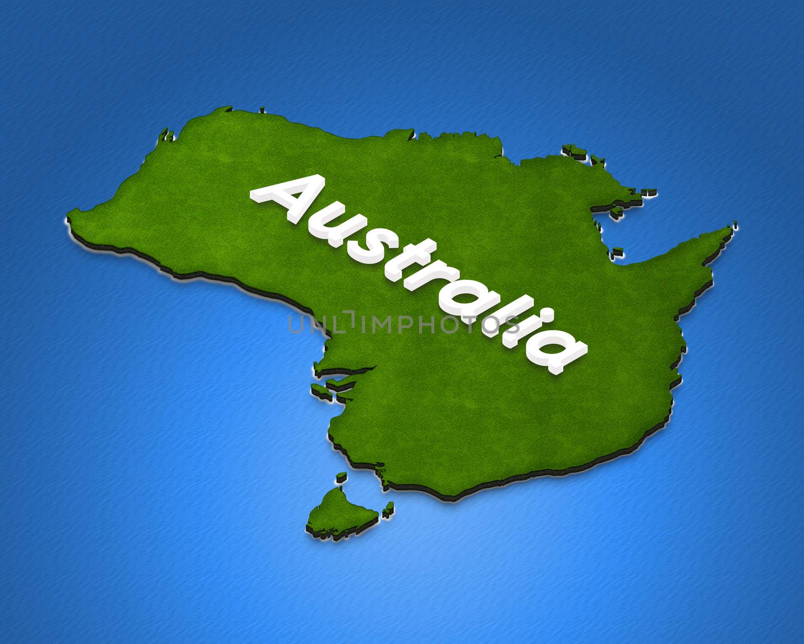 Illustration green ground map of Australia on water background. Left 3D isometric projection with the name of continent.
